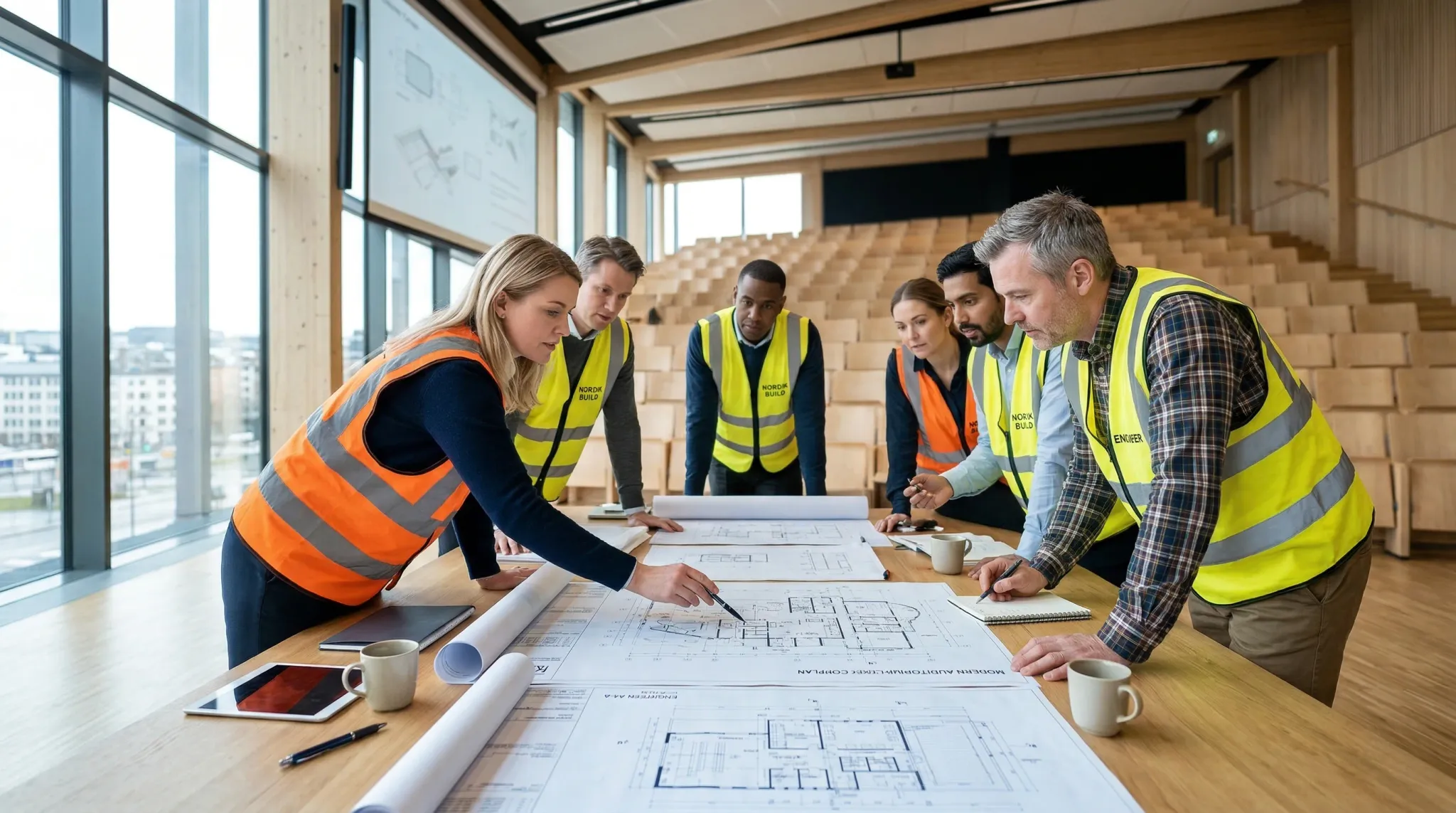 A diverse team of professionals in business-casual attire and high-visibility vests gathers around a large wooden table in a light-filled, modern Scandinavian auditorium to collaborate on architectural blueprints. The atmosphere is professional and focused, with the group engaged in a detailed review of site plans displayed across the desk.