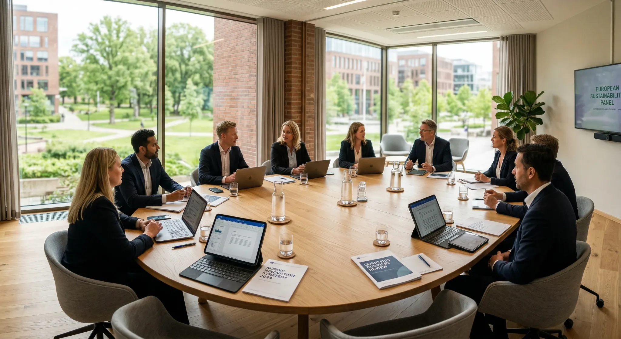 A wide-angle photorealistic shot of a modern, sunlit conference room in Northern Europe. A large wooden oval table is covered with neatly arranged tablets, printed reports, and glasses of water. Large