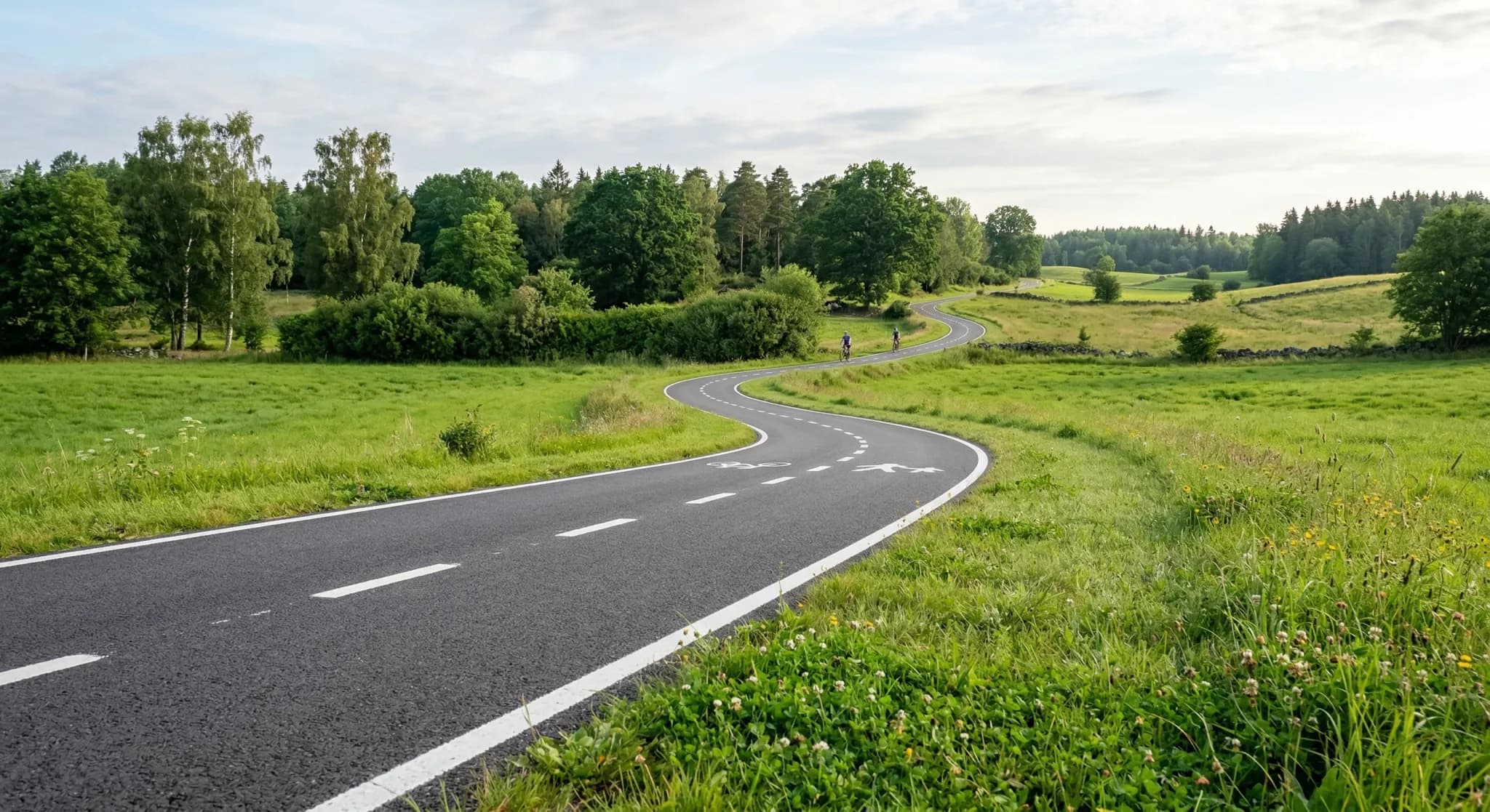 A photorealistic shot of a smooth asphalt bicycle path winding through a lush green Northern European landscape under a soft morning sky. The camera is positioned at a low angle looking down the path,