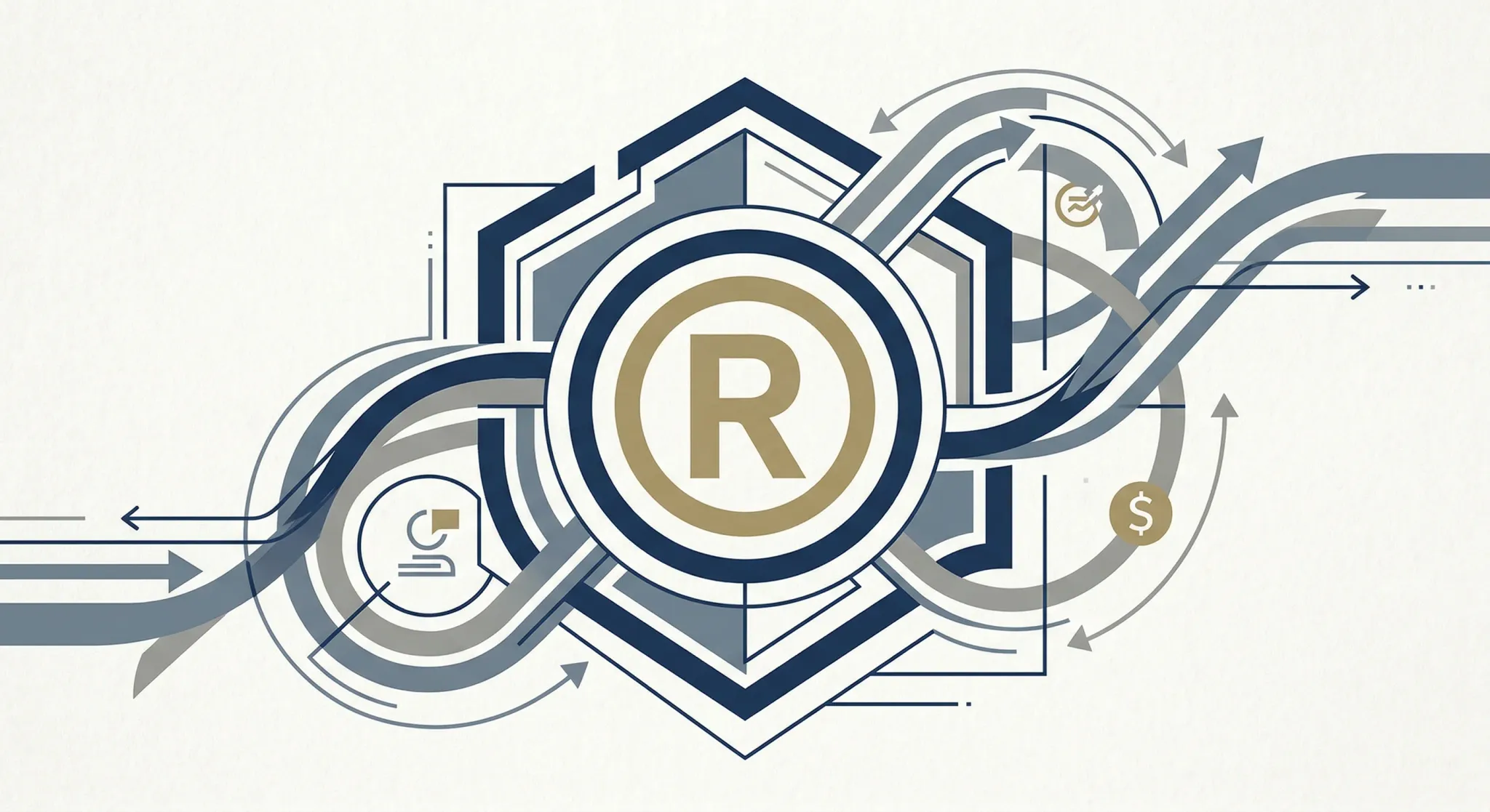 An editorial illustration about intellectual property law and trademark protection. A central trademark symbol is surrounded by abstract geometric shapes and clean lines representing marketing flows a
