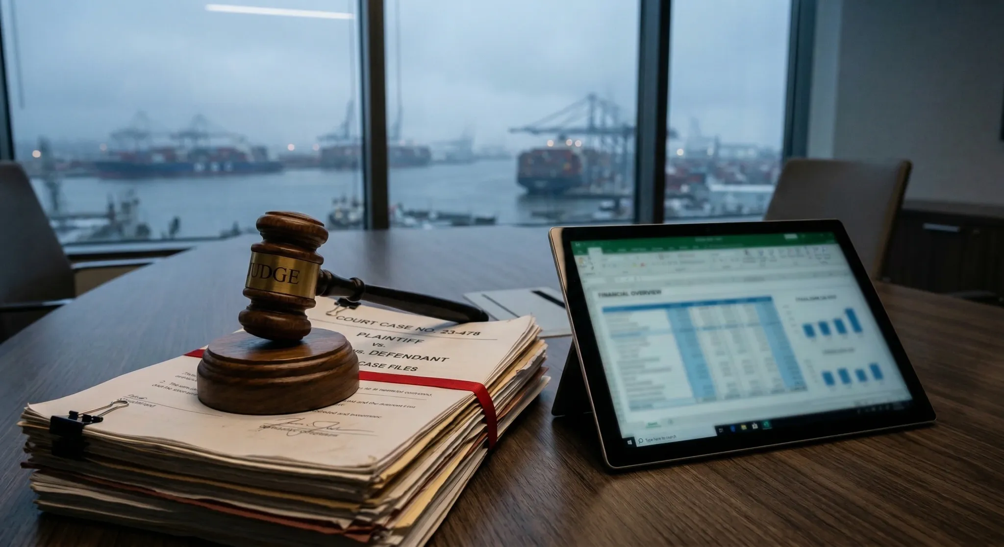 A photorealistic close-up of a judge's gavel resting on a stack of legal documents and a blurred spreadsheet on a digital tablet. The scene is set in a modern boardroom with large windows overlooking