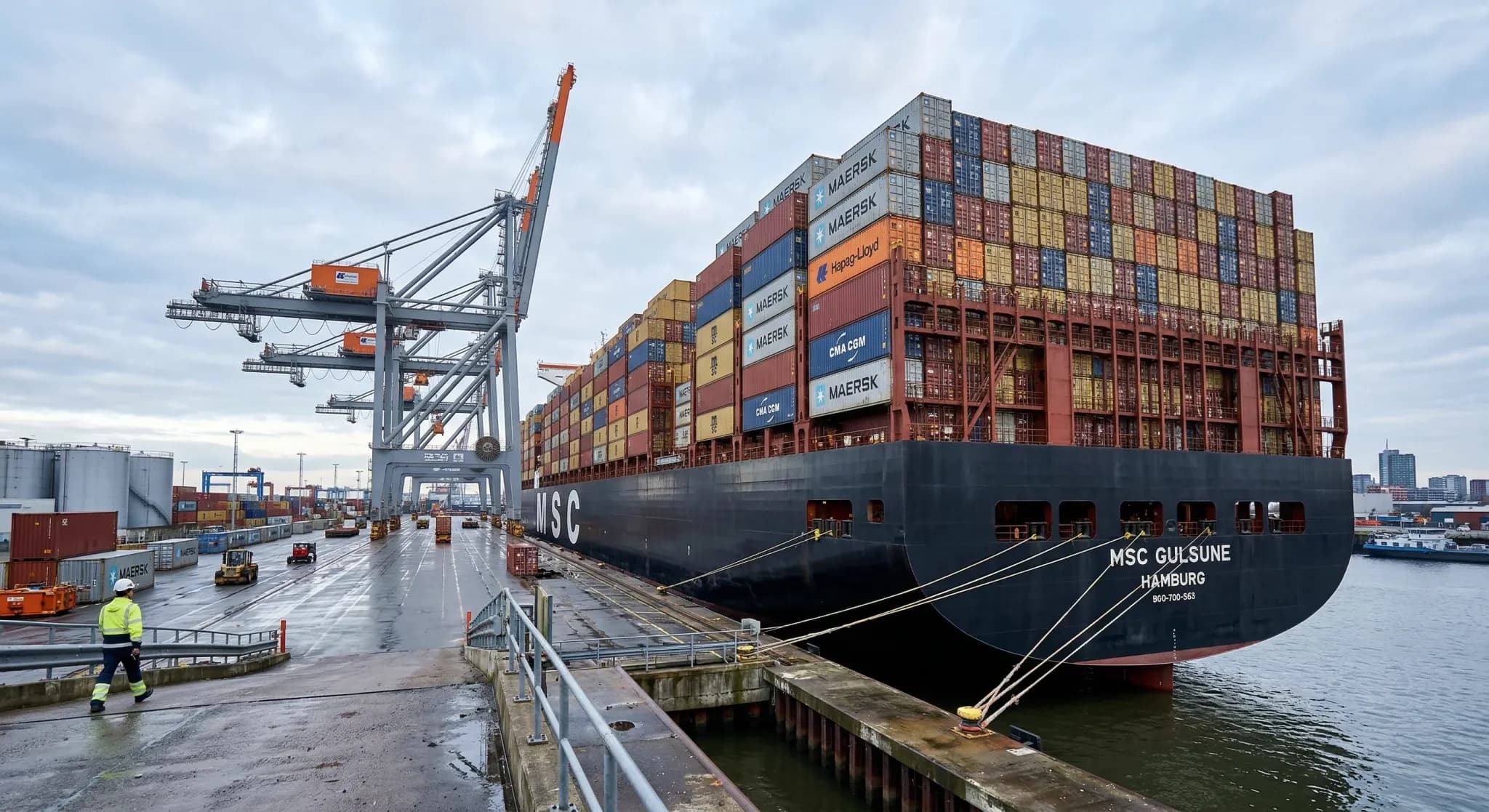 A massive MSC container ship is docked at an industrial port under a soft, overcast sky, showcasing rows of brightly colored containers stacked high on its deck. In the foreground, a worker in high-visibility gear stands near a towering crane, emphasizing the scale and quiet efficiency of the busy maritime terminal.