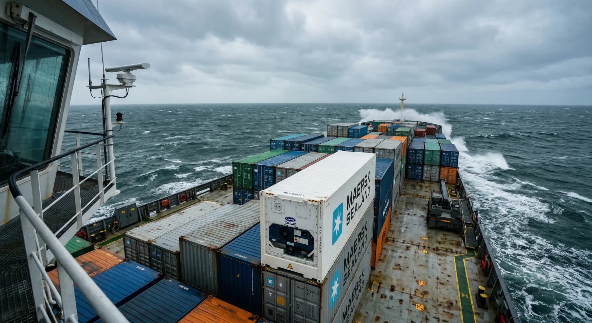 A large white refrigerated shipping container sits on the deck of a cargo ship sailing through the cold, choppy grey waters of the North Sea. The sky is overcast with a soft, natural light, and the co