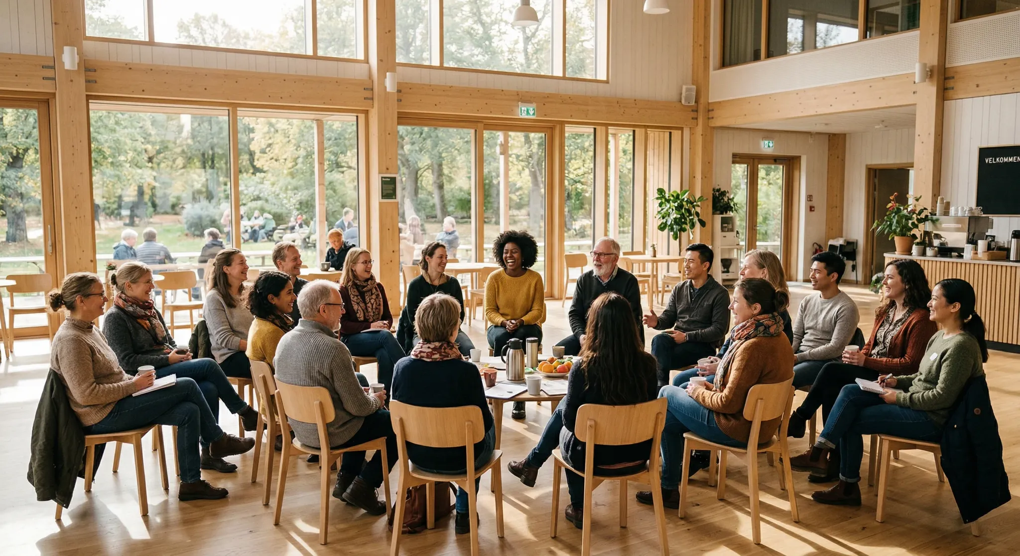 A photorealistic wide-angle shot of a bright, modern Scandinavian community hall with large glass windows and light wood floors. In the center, a diverse group of people are gathered in a circle, enga