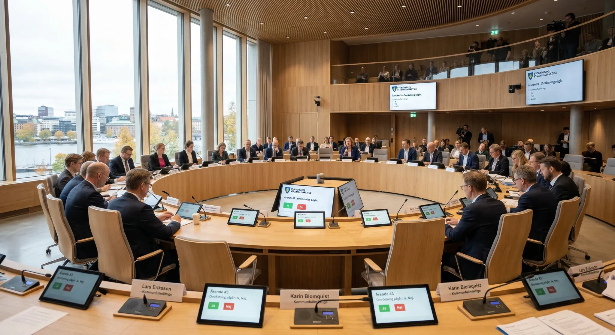 This image captures a formal session of the Stockholm City Council, where members sit around a large, circular light-wood table in a modern, sunlit chamber. The professional atmosphere is defined by minimalist Scandinavian design, with each station equipped with digital voting screens and microphones overlooking a scenic waterfront view.