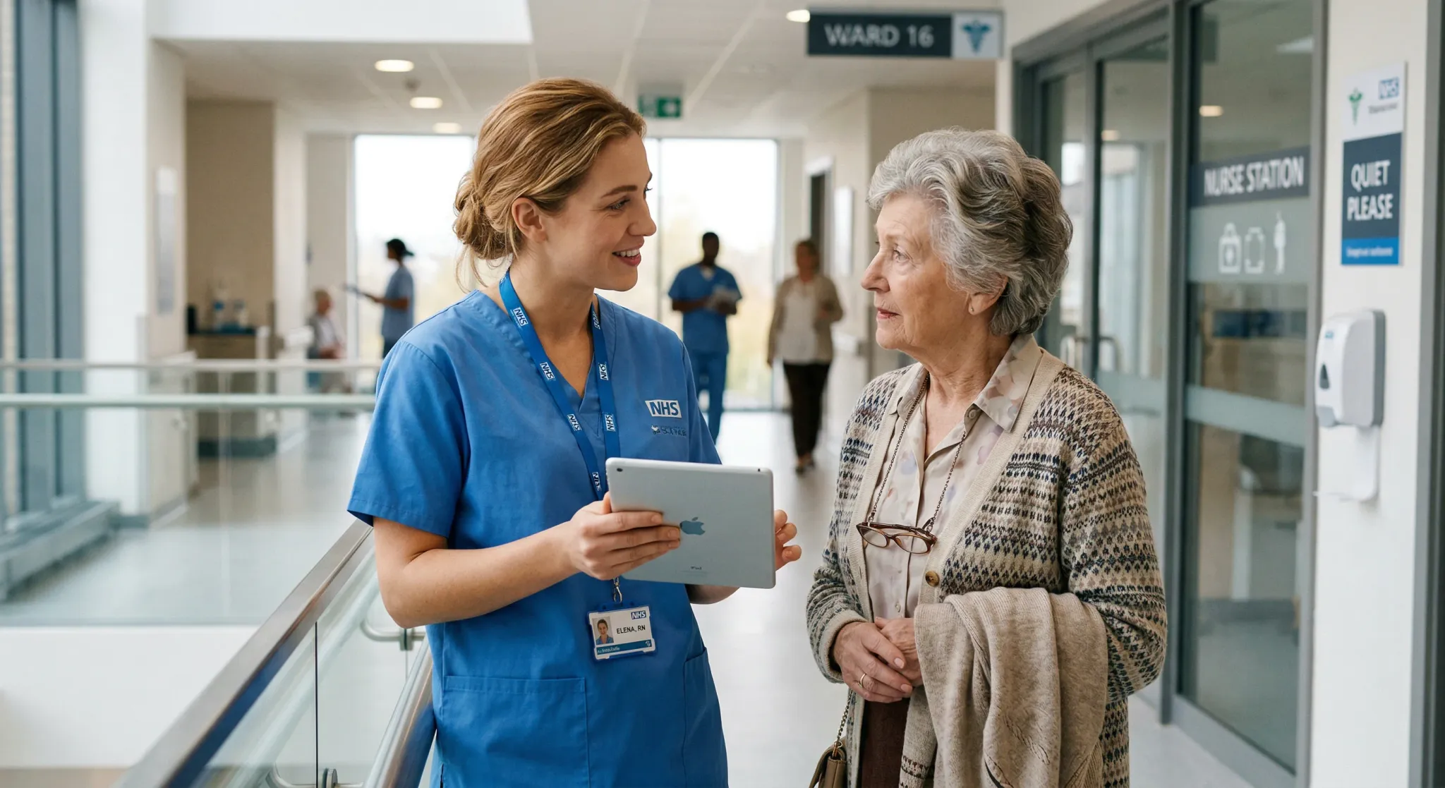 A medium shot of a European nurse in blue scrubs speaking empathetically to an elderly family member in a brightly lit, modern hospital hallway. The nurse is holding a digital tablet, and the lighting