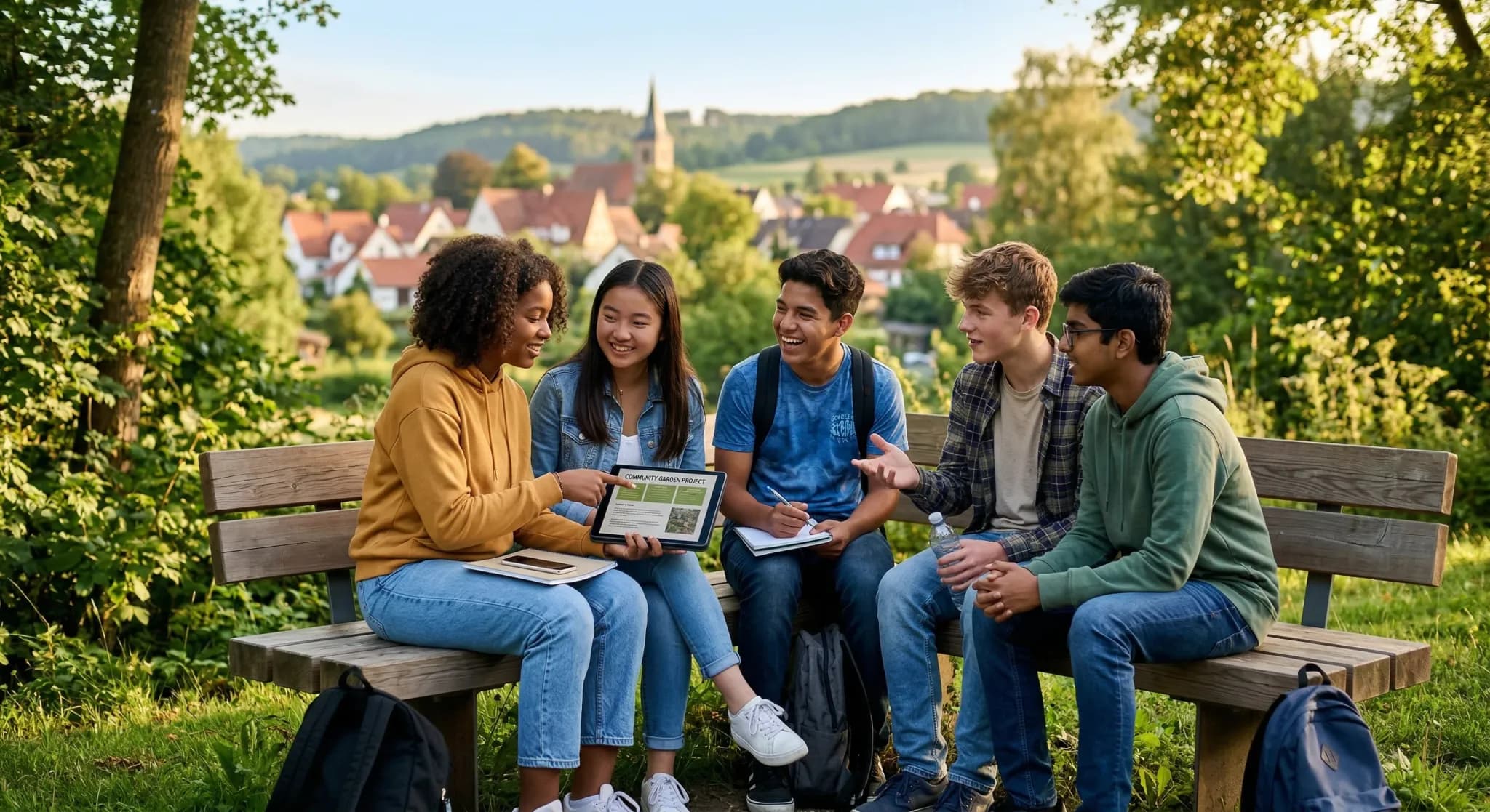 A group of diverse teenagers sitting together on a modern wooden bench in a lush green park during golden hour. They are engaged in a lively conversation, with one holding a tablet, suggesting collabo