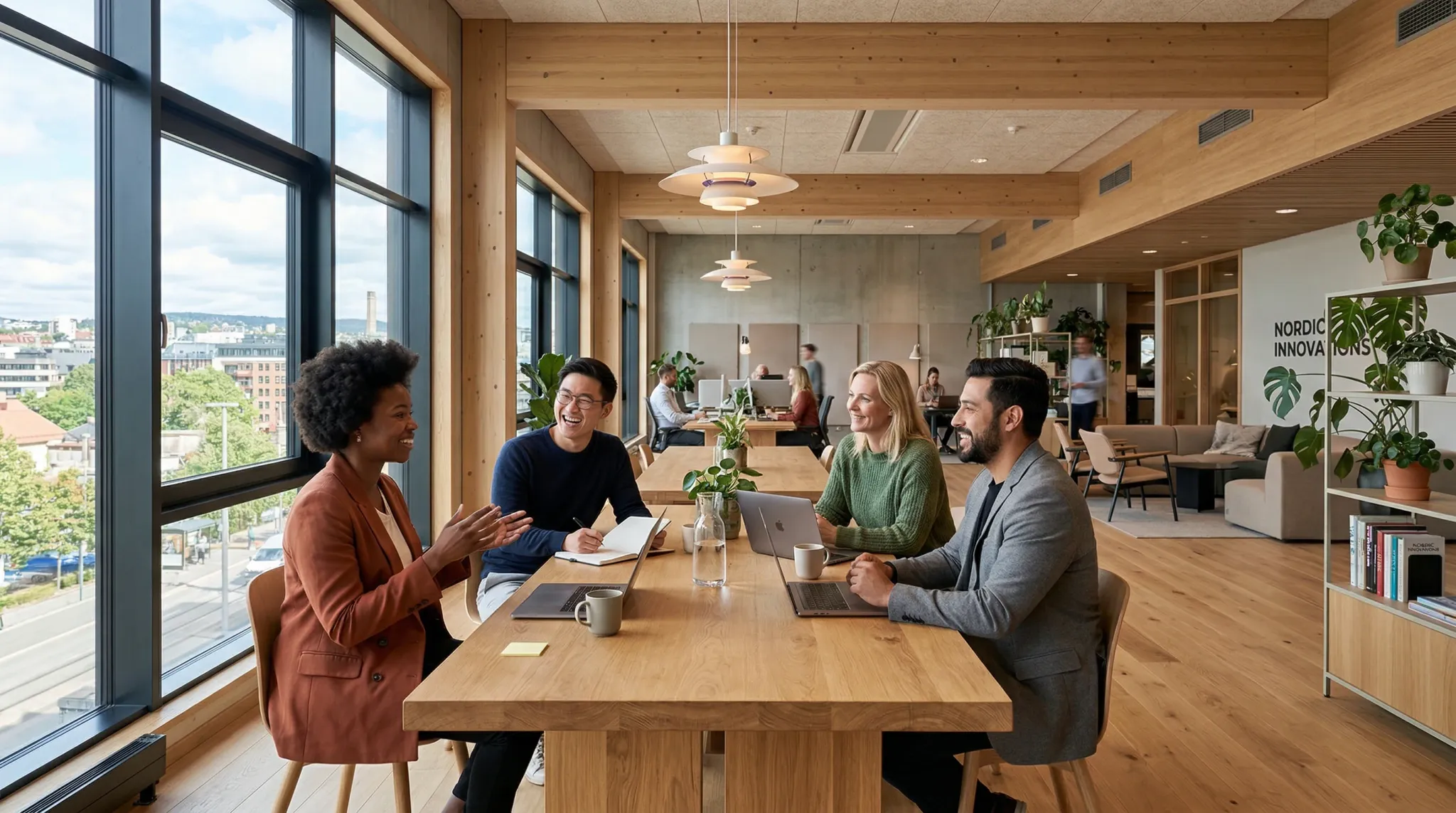 A wide-angle photorealistic shot of a modern Scandinavian office interior with high ceilings and light wood accents. A diverse group of four professionals are gathered around a wooden table, engaged i
