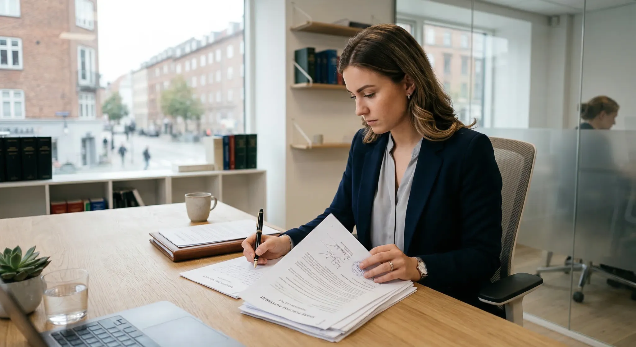A young professional lawyer in a modern, brightly lit office with minimalist Scandinavian design, reviewing a stack of legal documents with a focused expression. The scene is shot from a 45-degree ang