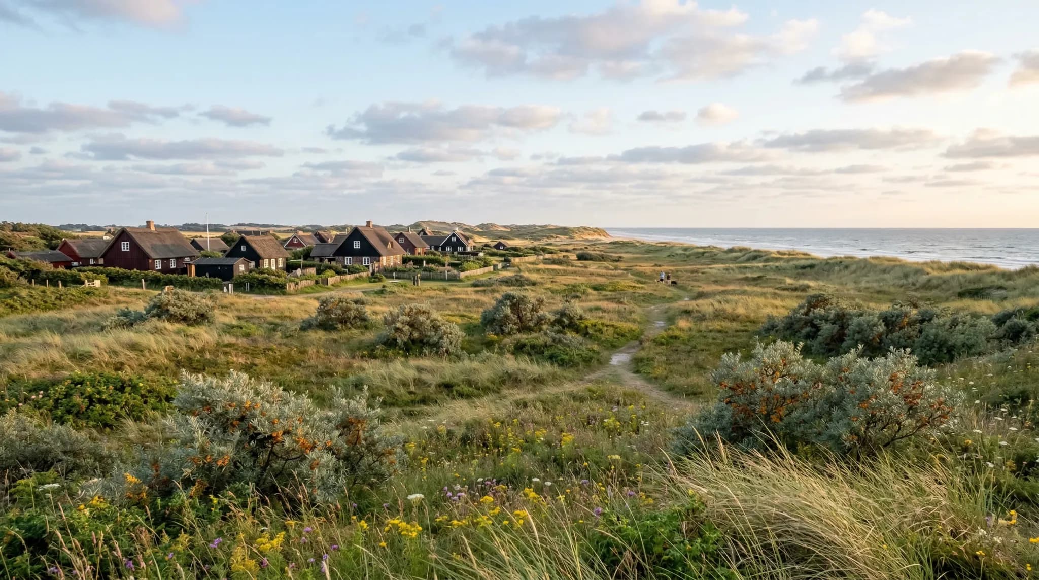 A wide-angle landscape shot of a grassy coastal meadow in Northern Europe, featuring scattered sea buckthorn bushes and tall dune grass. In the soft evening sunlight, the open land sits between distan