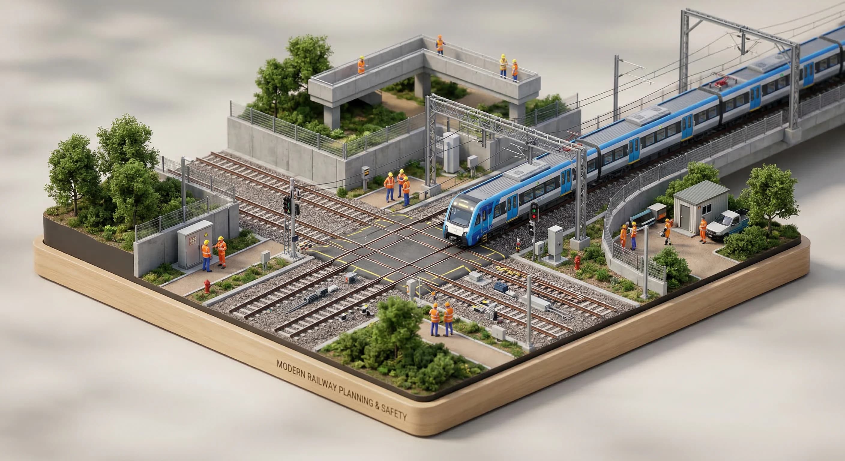 An isometric 3D miniature diorama of a modern railway intersection with multiple tracks and a sleek commuter train. Small, stylized figures wearing bright high-visibility safety vests are positioned s