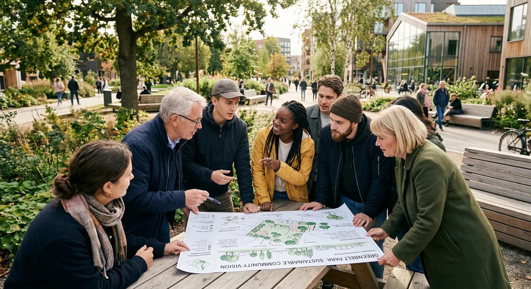 A group of diverse European citizens of various ages gathered outdoors in a modern public park, looking together at a large paper architectural plan for a green space. The setting features Scandinavia
