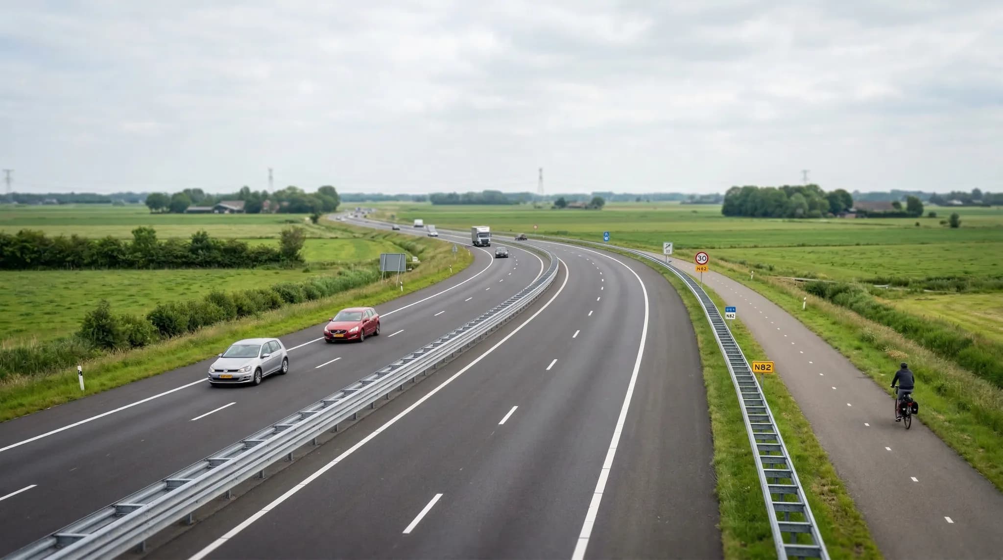 A wide-angle landscape shot of a modern European 2+1 highway stretching through a flat, green countryside under a soft, overcast sky. The road features crisp white lane markings, a central steel safet