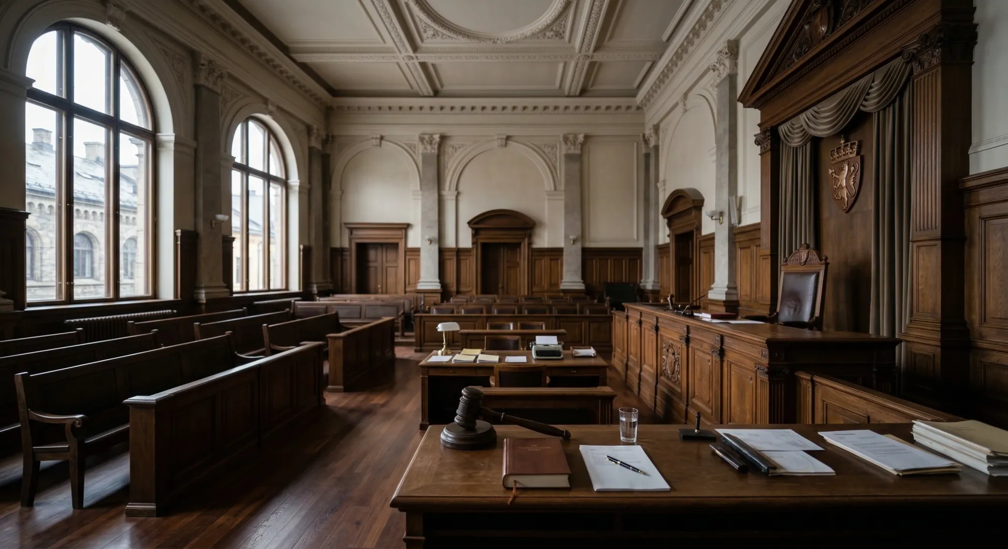 A wide-angle photorealistic shot of a neoclassical courtroom interior in Northern Europe. The scene features polished dark wood benches, high ceilings with subtle ornate molding, and soft natural ligh