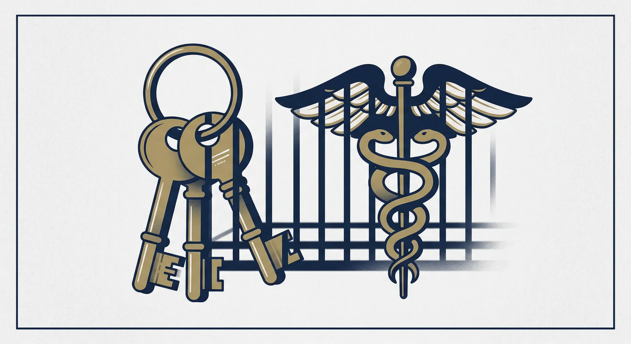 An editorial illustration in a minimalist style using a palette of navy, white, and muted gold. A large, symbolic set of keys lies next to a medical emblem, partially obscured by the shadow of vertica