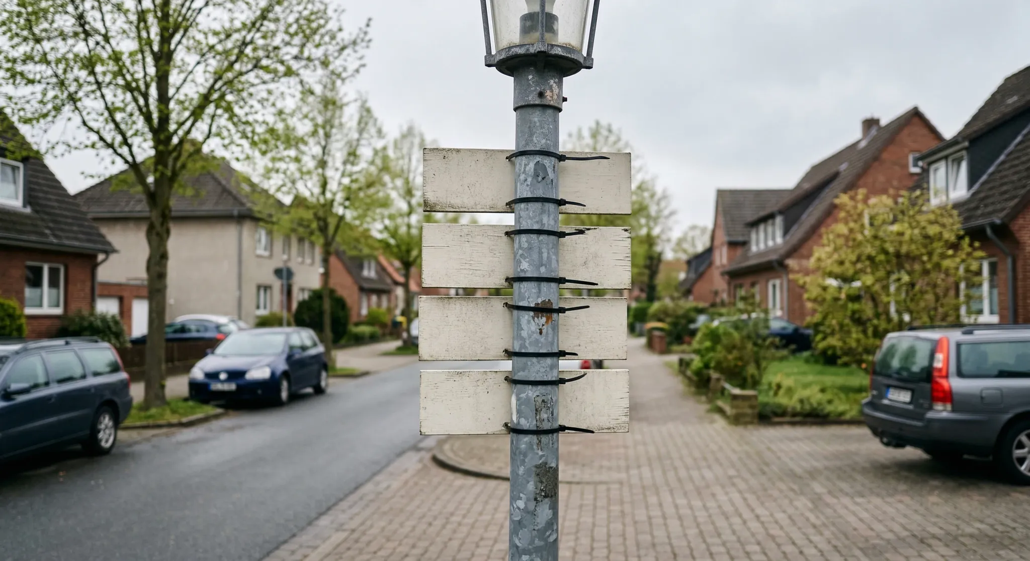 A close-up, low-angle shot of a gray metal lamppost along a northern European residential street. Several blank rectangular boards are attached to the pole with plastic zip ties. The background shows