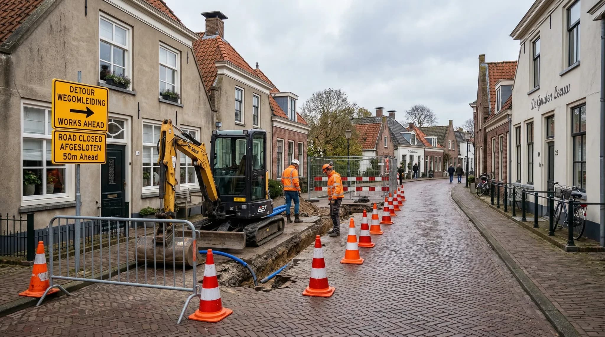 A wide-angle photorealistic shot of a European residential street with orange traffic cones and temporary road signs indicating a detour. In the mid-ground, a small excavator is parked near a neat con
