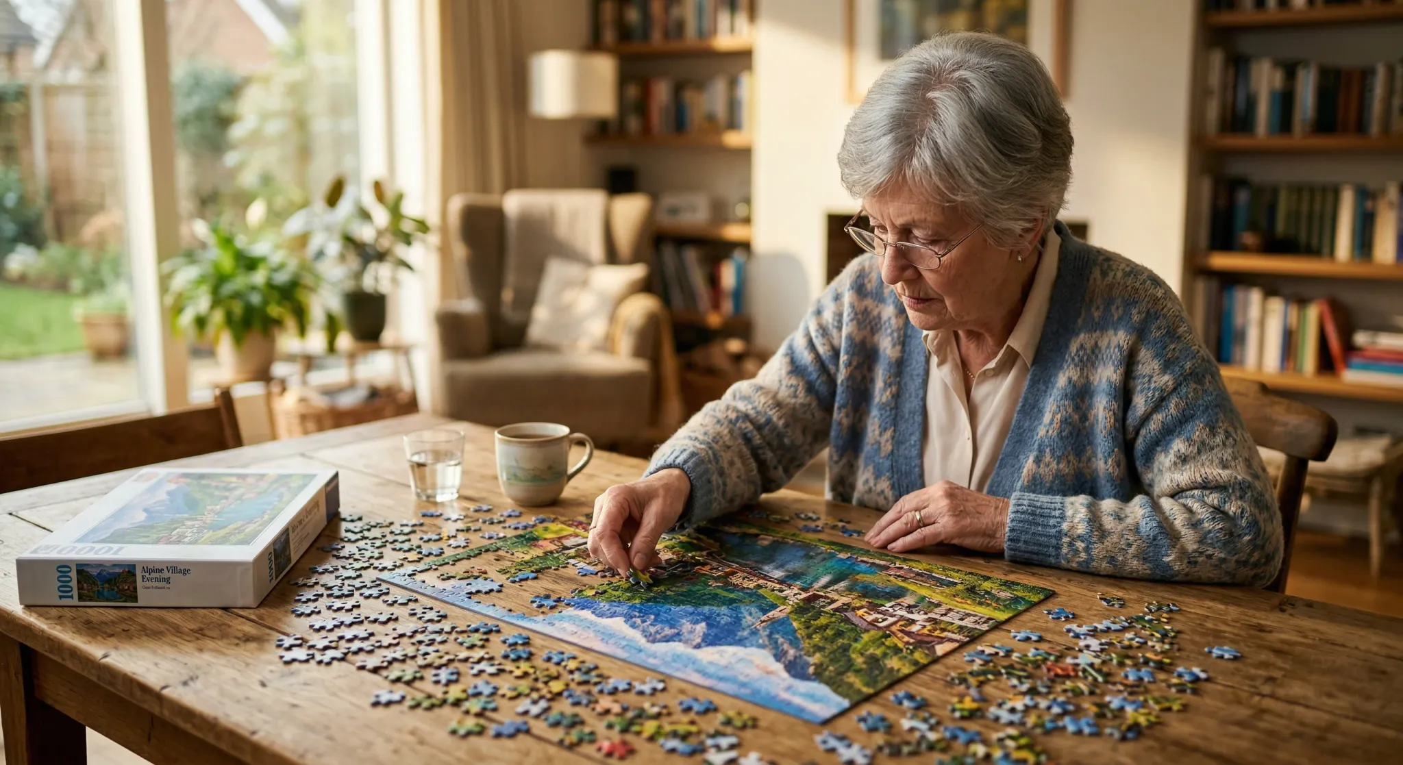A photorealistic medium shot of an elderly European woman with gray hair, sitting at a wooden table in a bright, modern living room, focused on solving a complex jigsaw puzzle. Warm afternoon sunlight