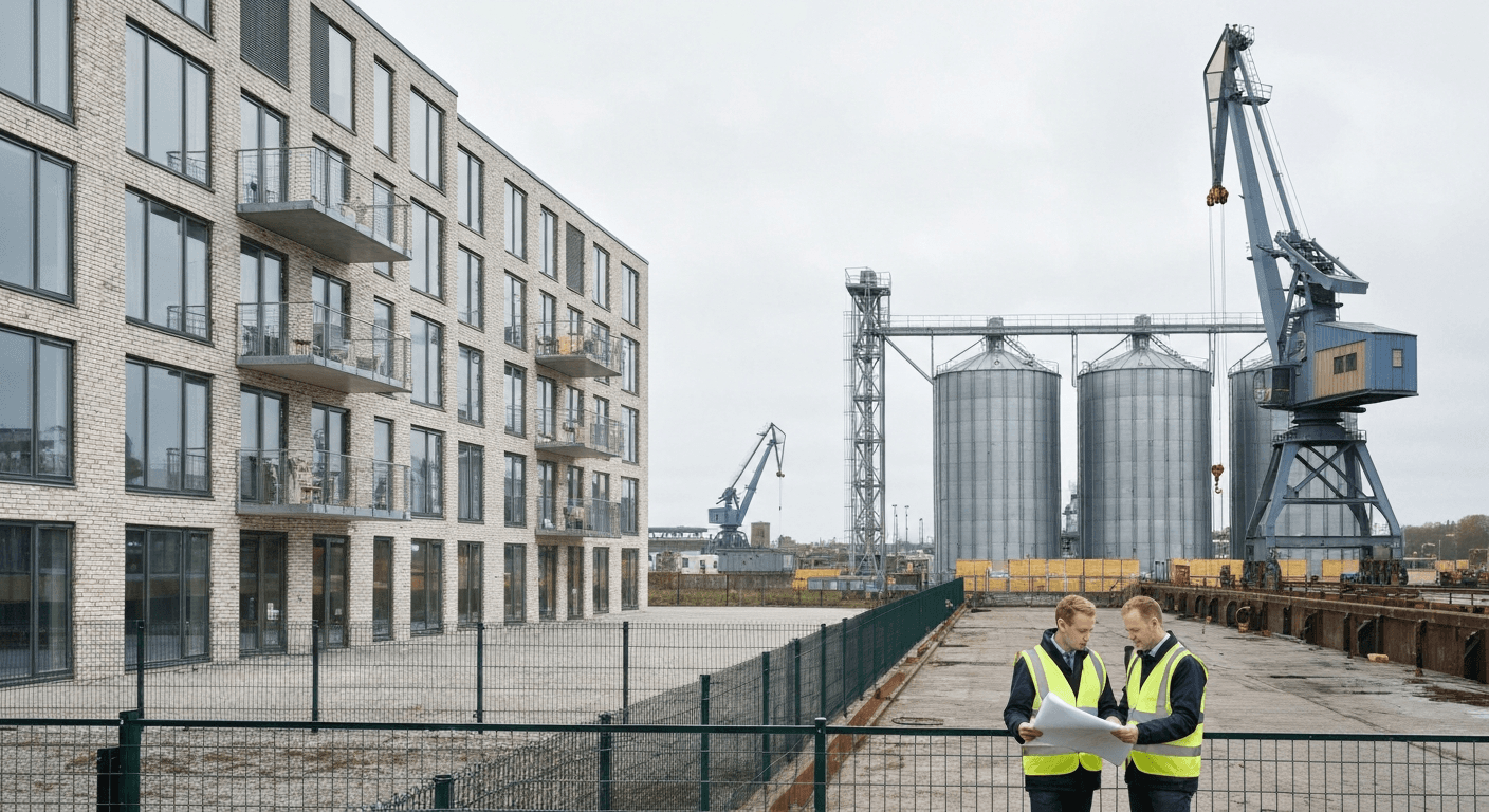 Moderne boligbyggeri opføres tæt på eksisterende erhvervshavne med integrerede støjisolationskrav.