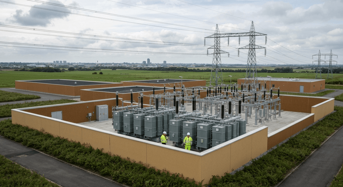 Højspændingsanlæg integreres i det åbne landskab med afskærmende beplantning og jordfarver.