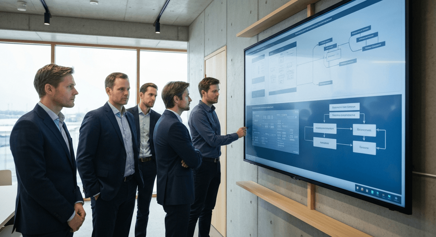 Medarbejdere i økonomiafdelingen gennemgår de nye krav til datarapportering og systemopdateringer