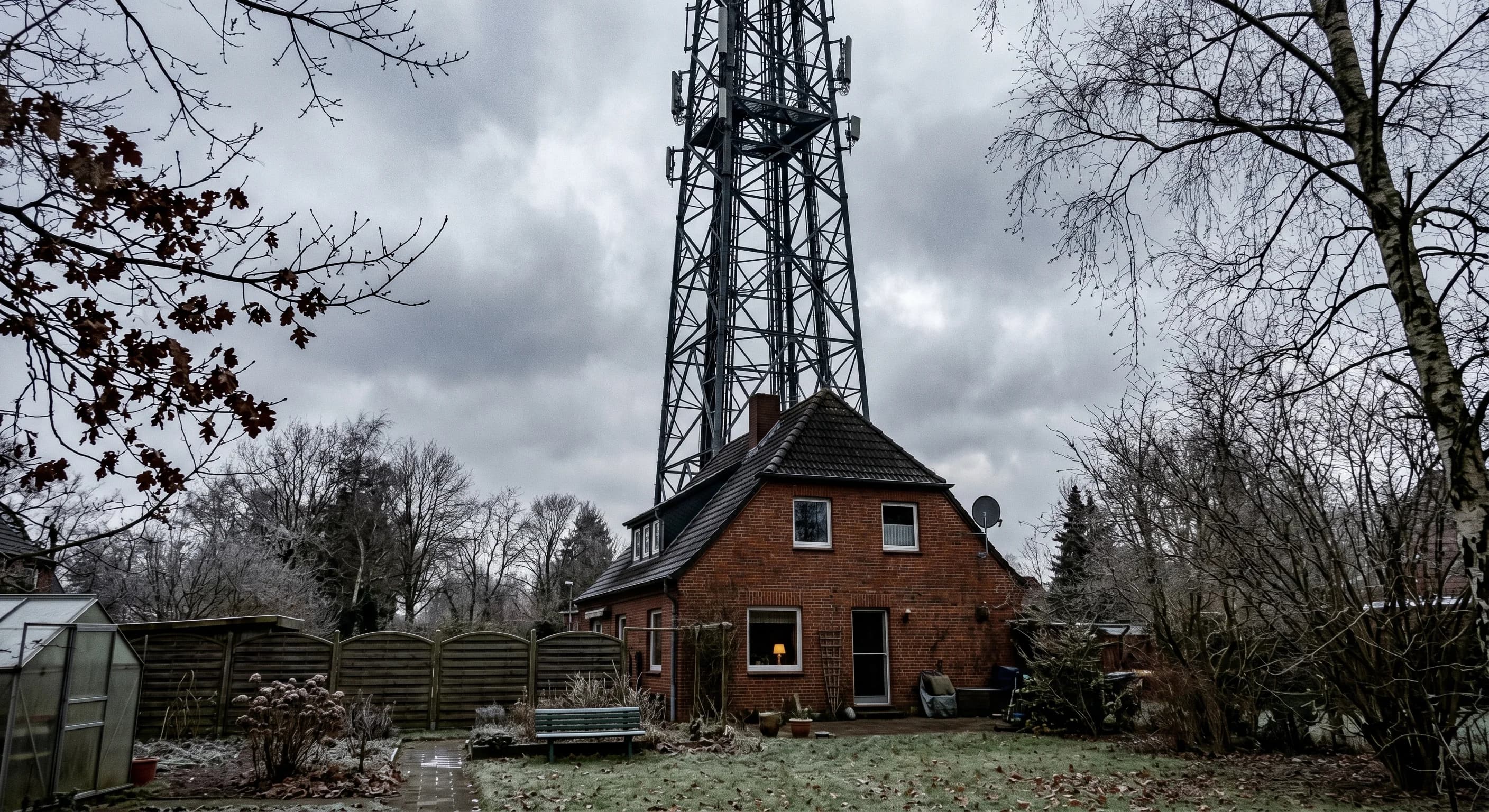 En høj antennemast rejst tæt på et villakvarter.