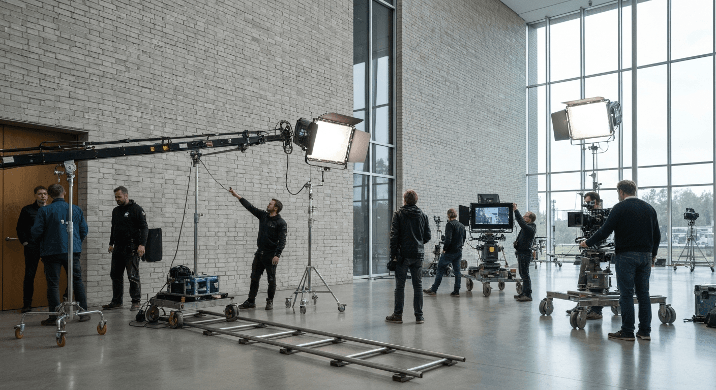 Et filmhold arbejder på et set med professionelt udstyr under optagelser i Danmark