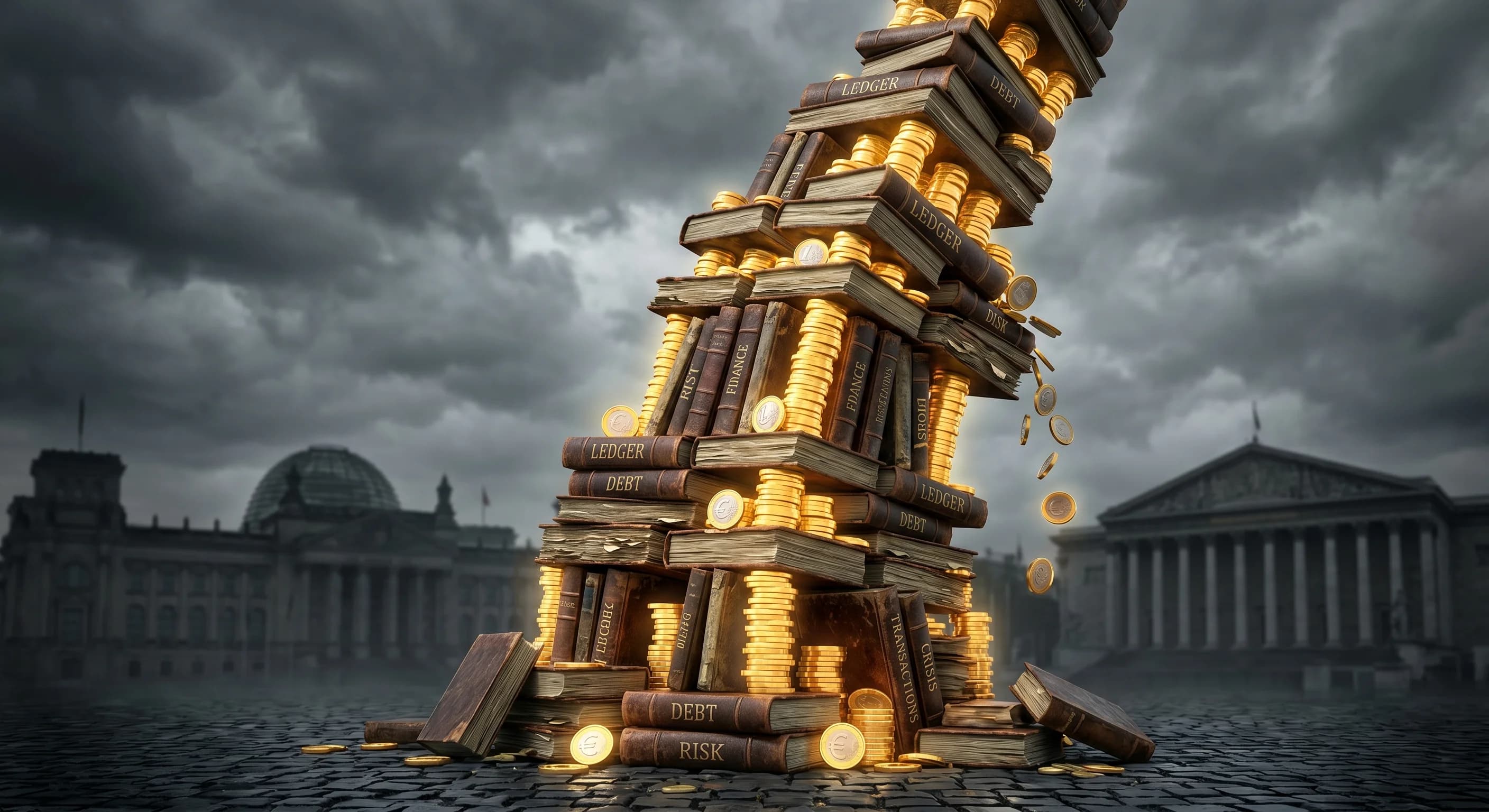 A conceptual still life representing institutional financial auditing and budget control. A heavy magnifying glass rests on thick stacks of crisp financial documents, charts, and graphs on a dark maho