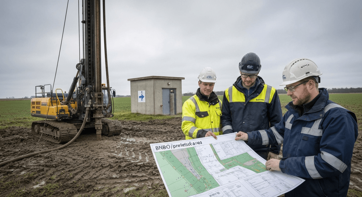 Jordboring ved etablering af jordvarmeanlæg i en dansk have.