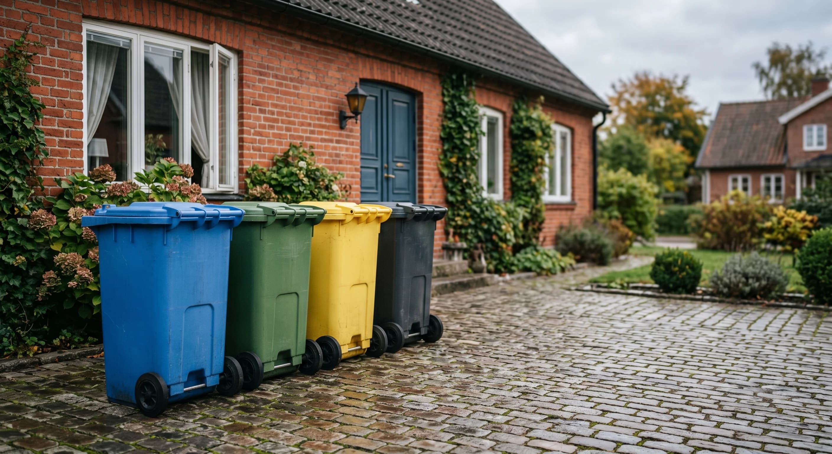 Udendørs skraldespande til affaldssortering i danske kommuner.