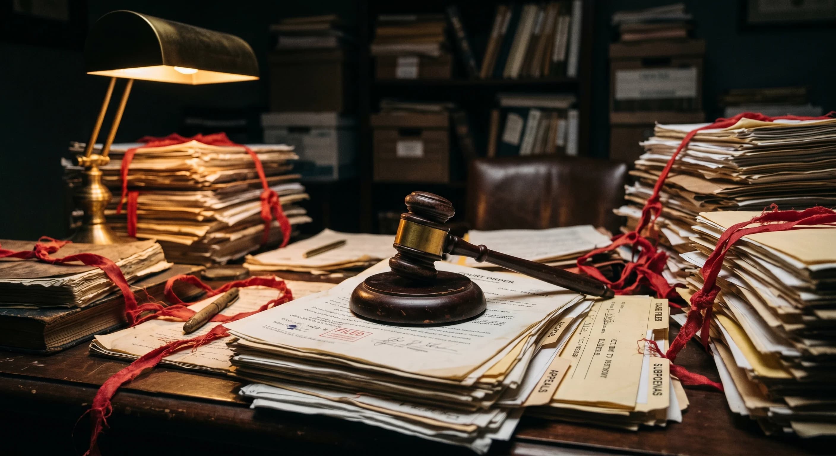 Træhammer og lovbog som symbol på juridiske afgørelser.