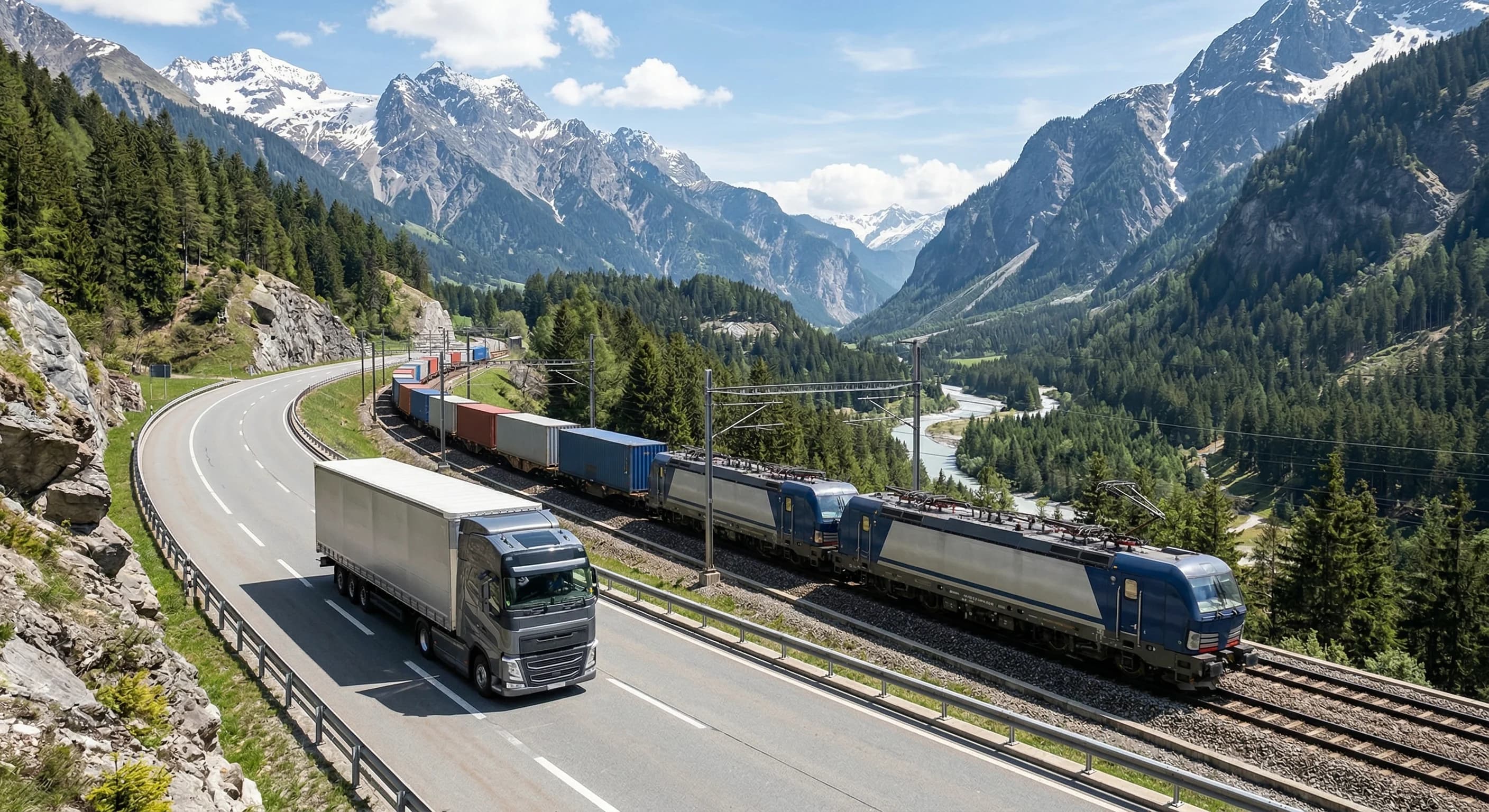 Lastbilkørsel gennem de schweiziske alper
