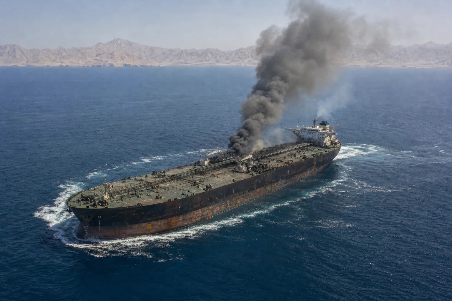 Brændende tankskib på havet som symbol på skibsfartens risici.