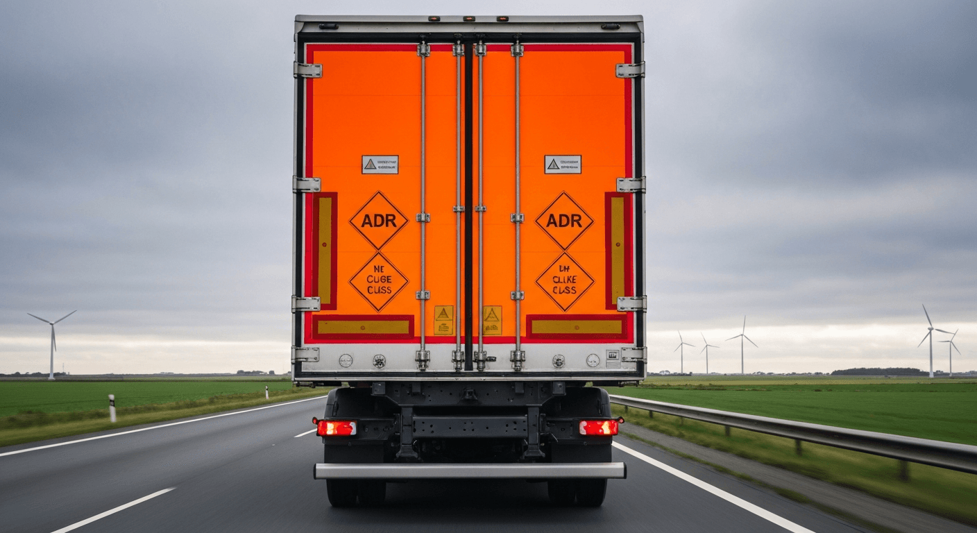 Lastbil med mærkning for farligt gods kører på dansk motorvej.