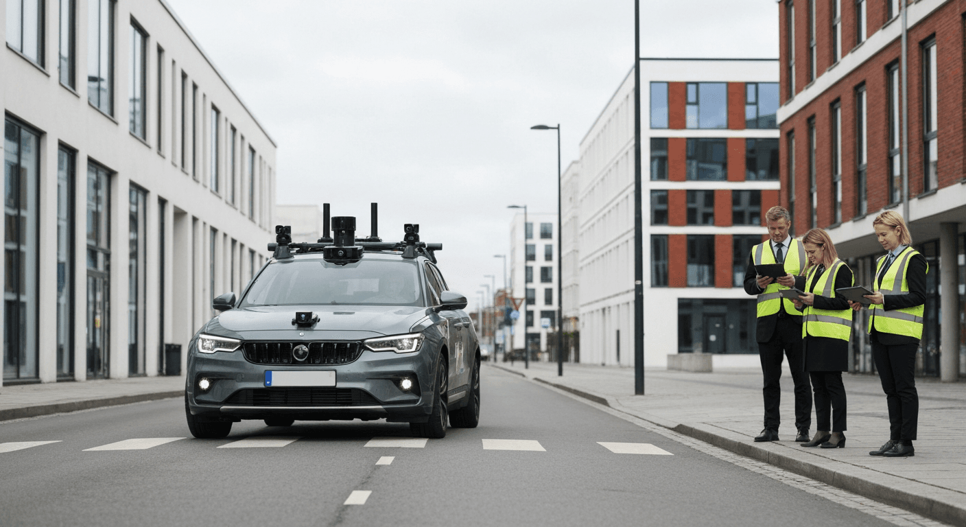 Selvkørende testkøretøj udstyret med sensorer kører i bytrafik.