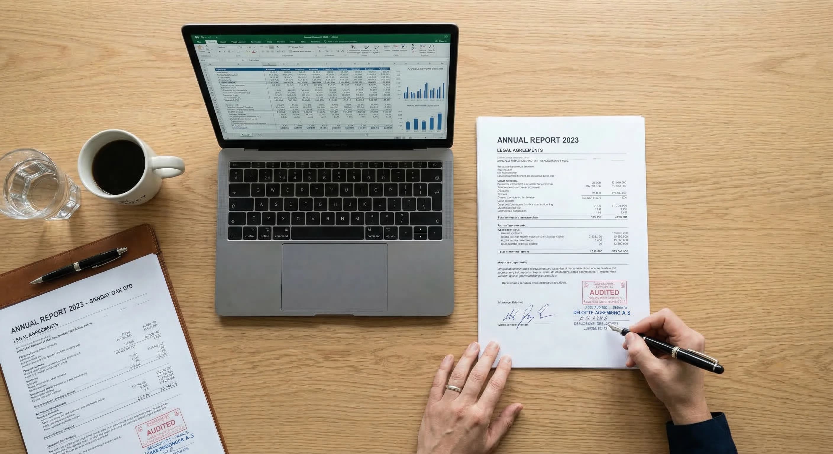 A high-angle, photorealistic shot of a professional auditor's desk in a modern Danish office. A person's hands are visible, reviewing complex financial spreadsheets on a laptop alongside printed legal