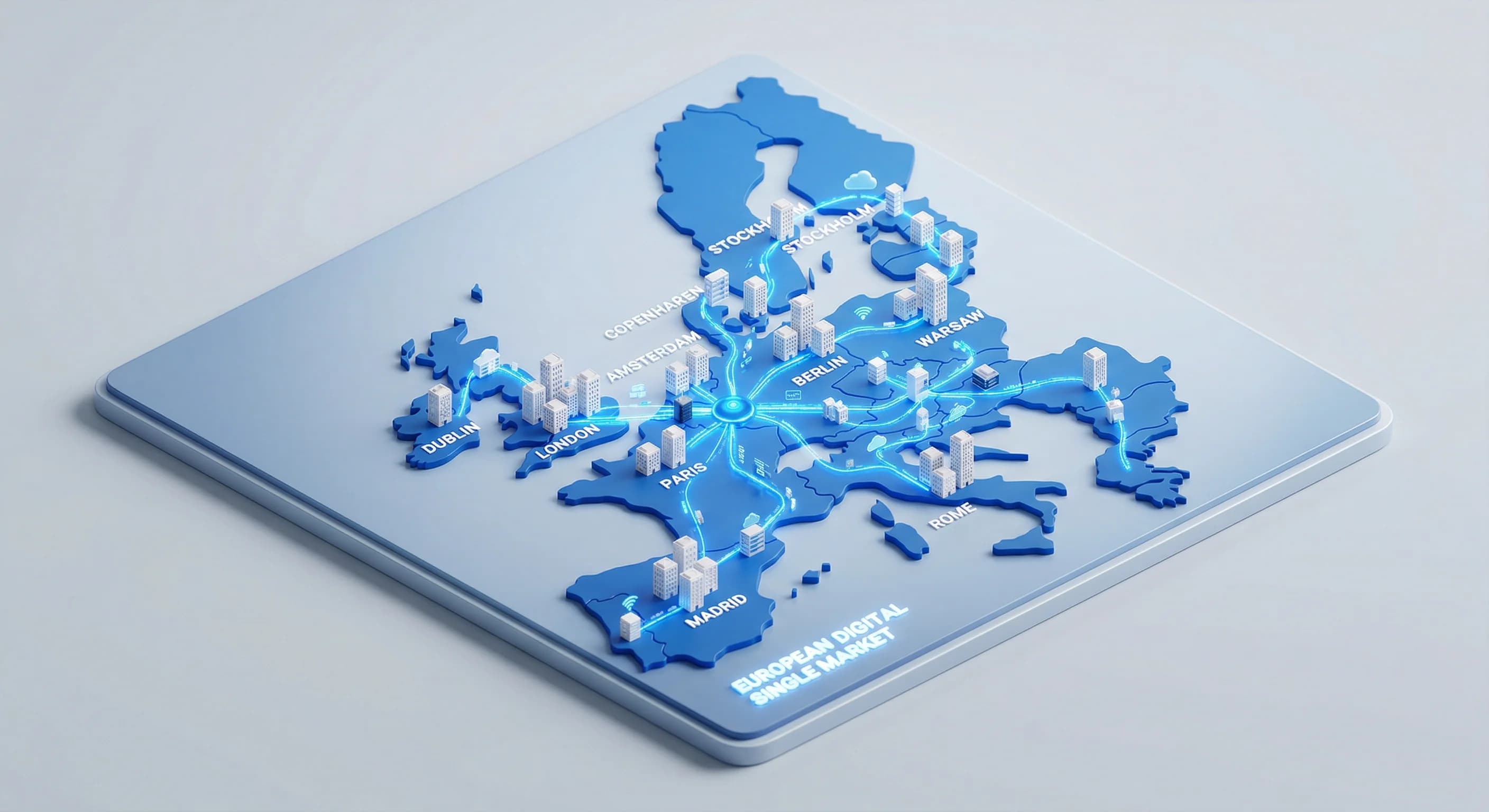 An isometric 3D miniature scene representing a unified European digital market. A simplified blue map of Europe serves as a base, with small, stylized white office buildings and glowing blue data line