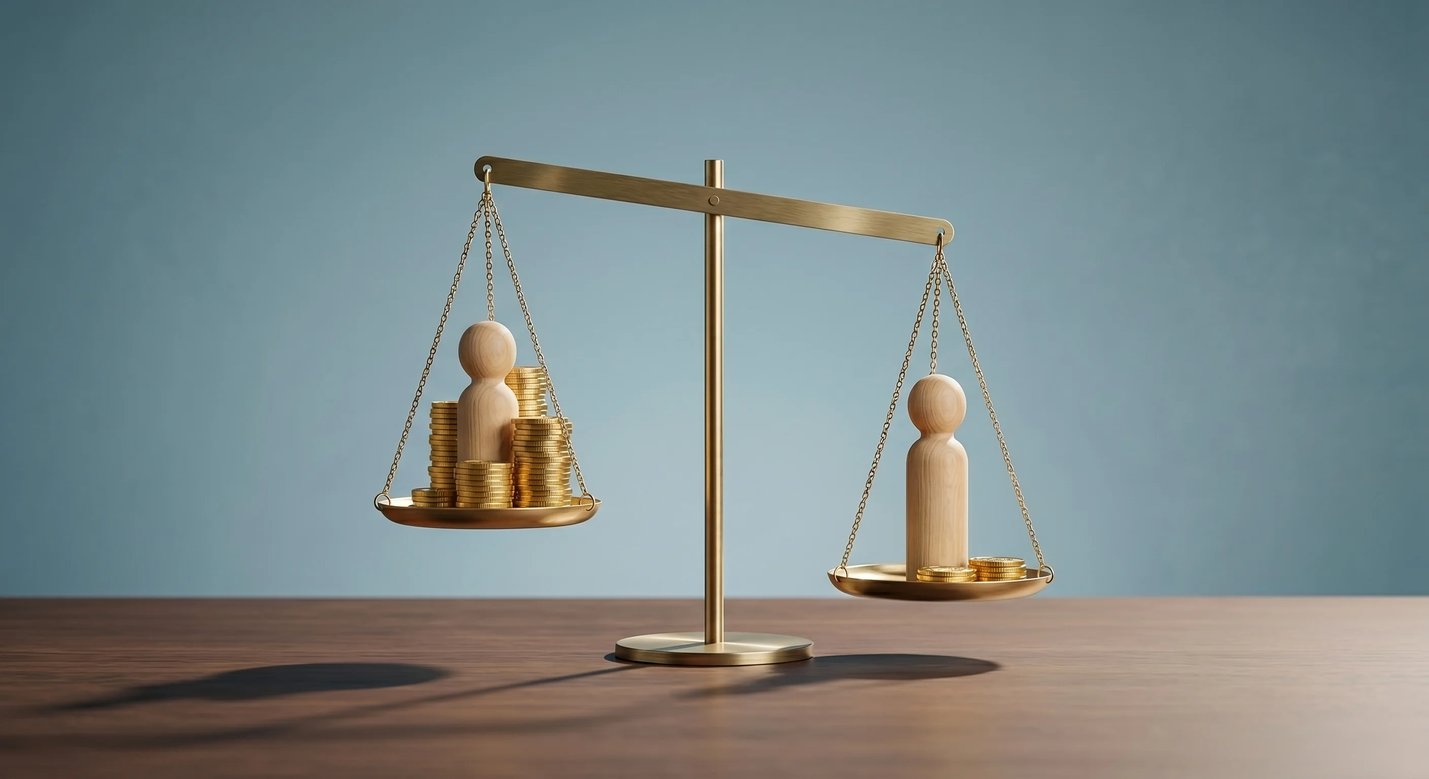 A minimalist conceptual illustration representing gender equality and the wage gap in the European financial sector. Two identical wooden human figurines stand on opposite sides of a sleek, modern bra