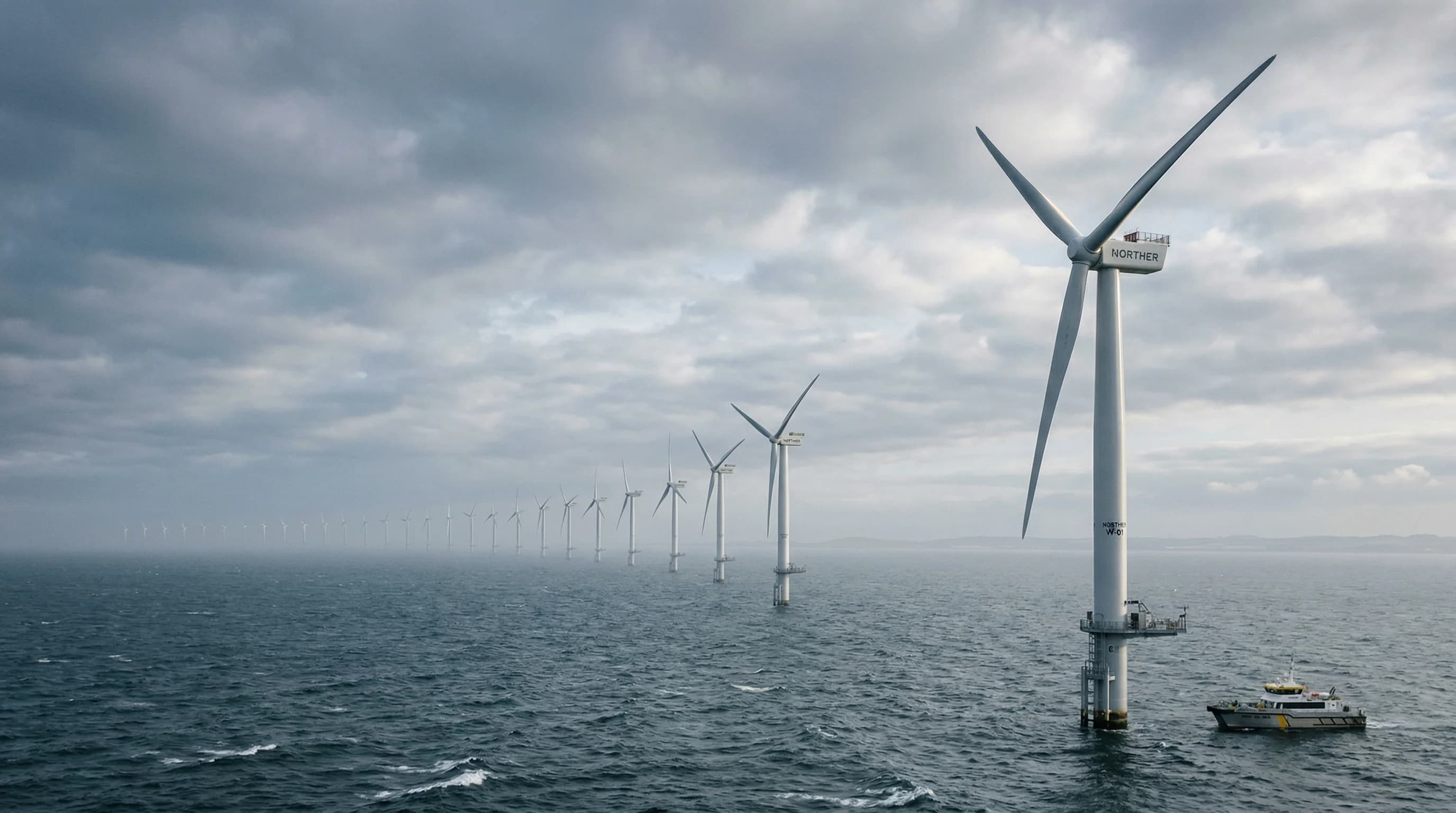 A wide-angle landscape shot of a massive offshore wind farm in Northern European waters under a soft, overcast morning sky. The focus is on a sleek, modern wind turbine in the foreground with others r