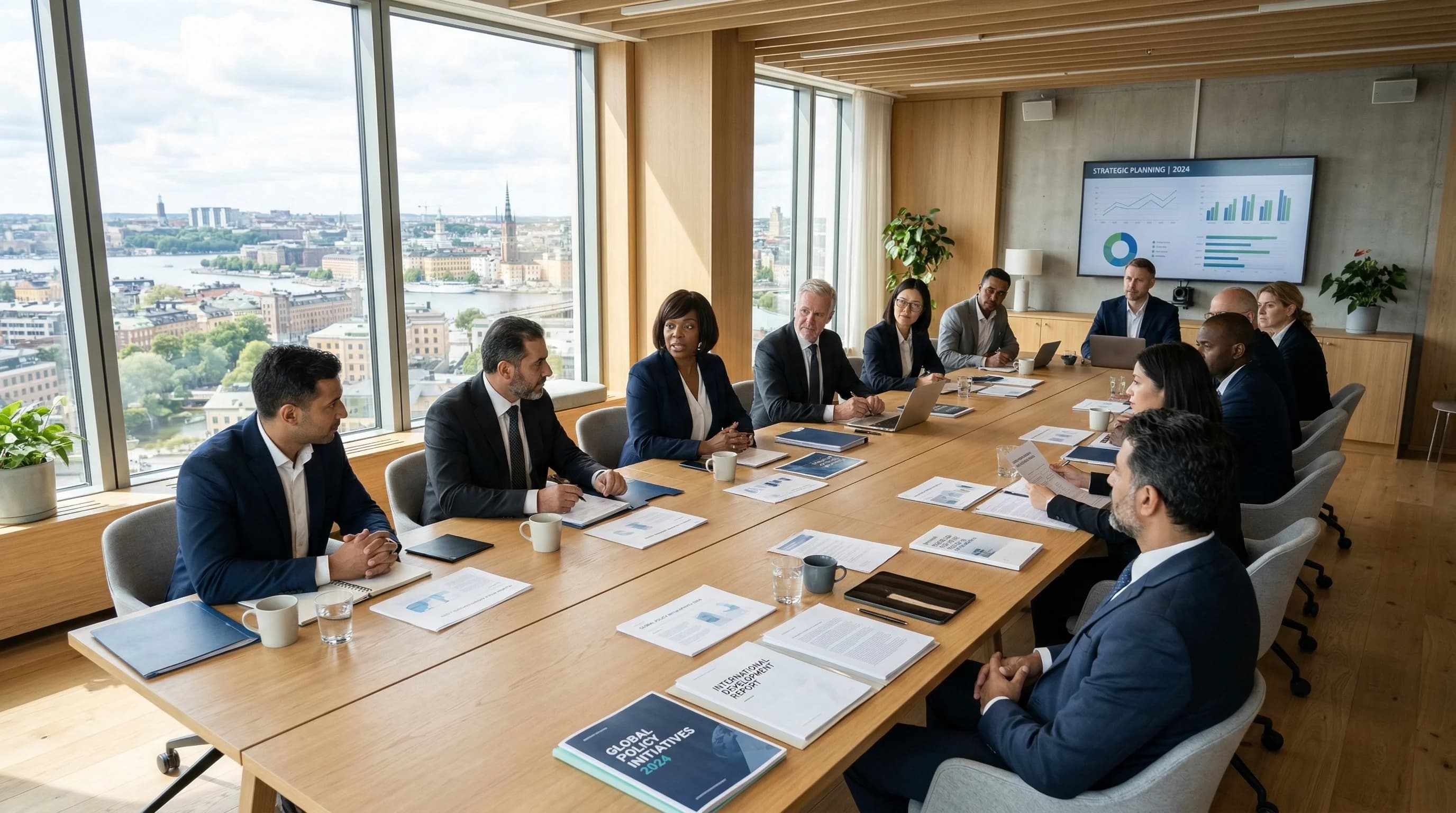A photorealistic wide-angle shot of a bright, modern Scandinavian-style boardroom with large windows overlooking a city. A diverse group of professional men and women in business attire are engaged in