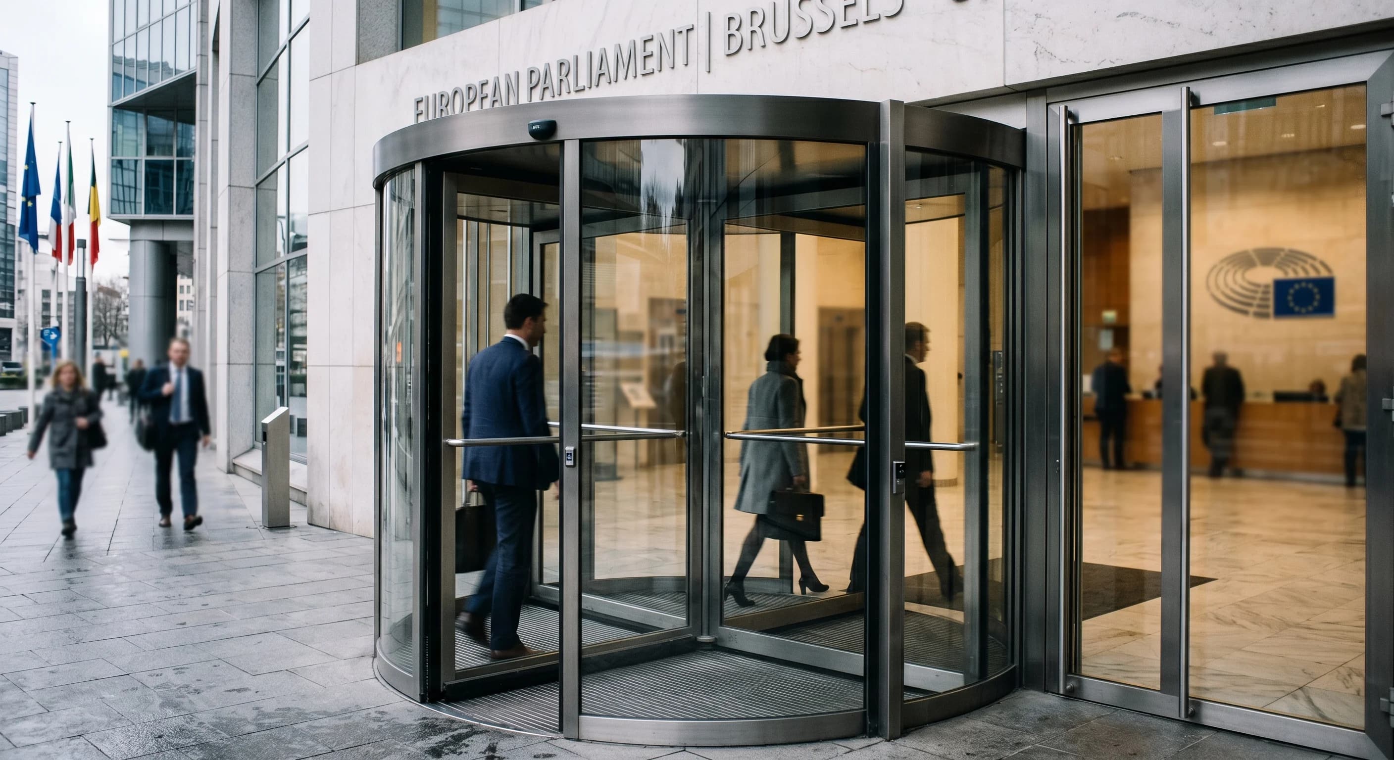 A modern, sleek glass revolving door at the entrance of a contemporary European government building. Silhouettes of people in professional business attire walk through the doors, with slight motion bl