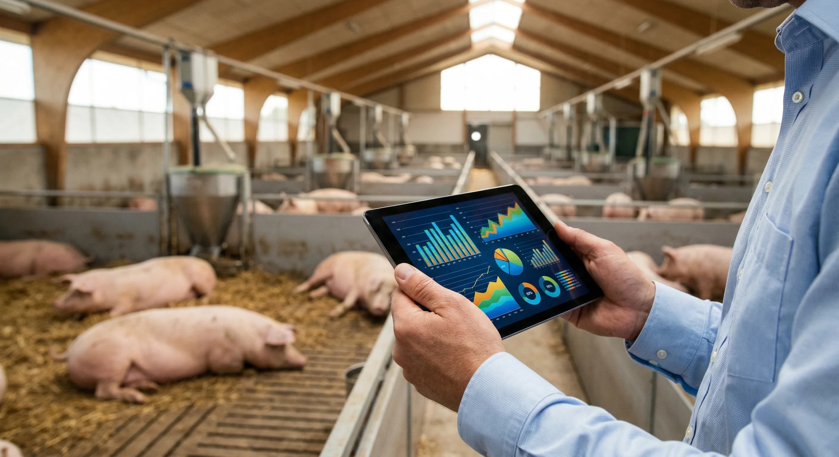 A photorealistic image blending agriculture and financial management in a Northern European setting. In the sharp foreground, a pair of hands in a light blue business shirt holds a modern digital tabl