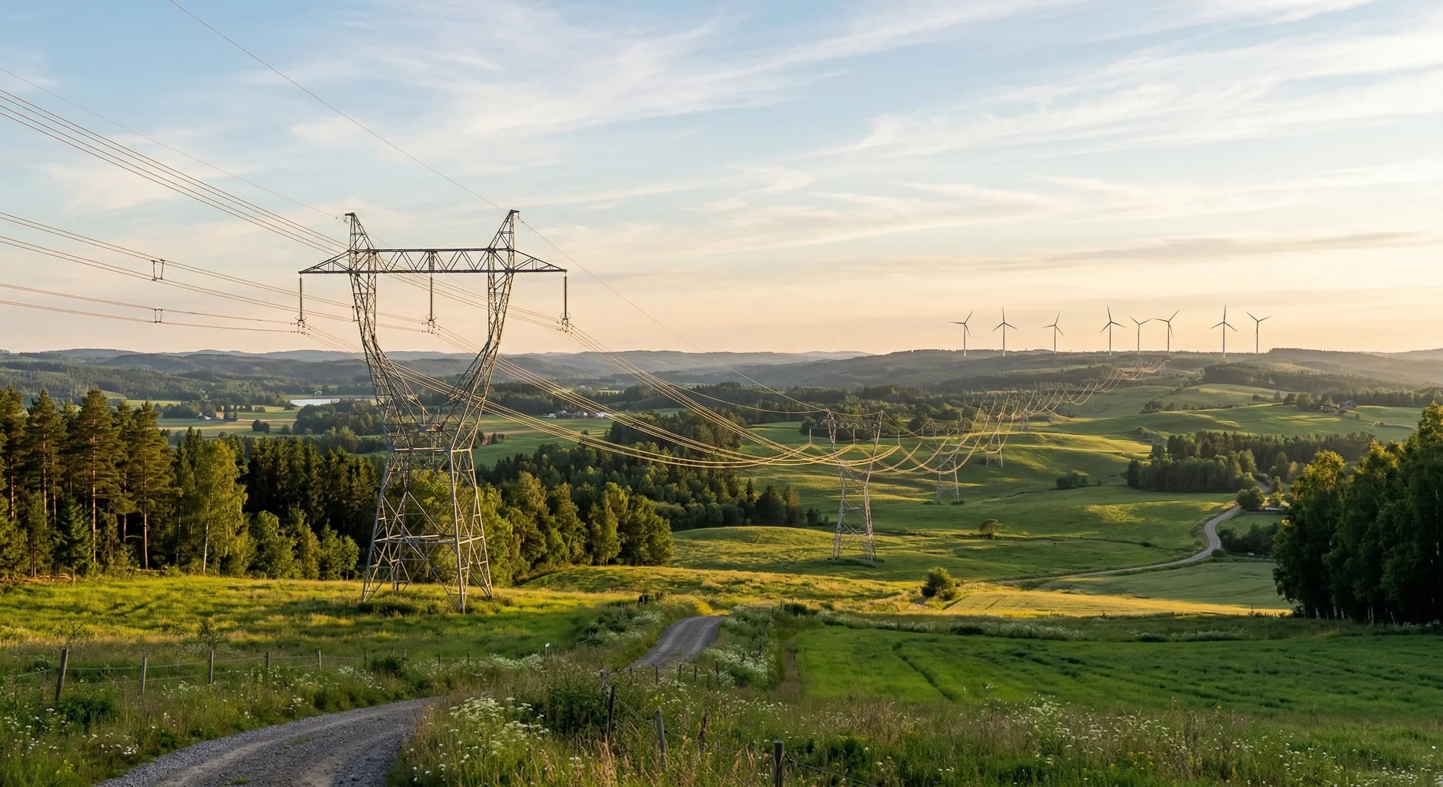 A wide-angle photorealistic shot of high-voltage transmission towers stretching across a rolling green Scandinavian landscape. The scene is captured during the golden hour with soft, warm light hittin
