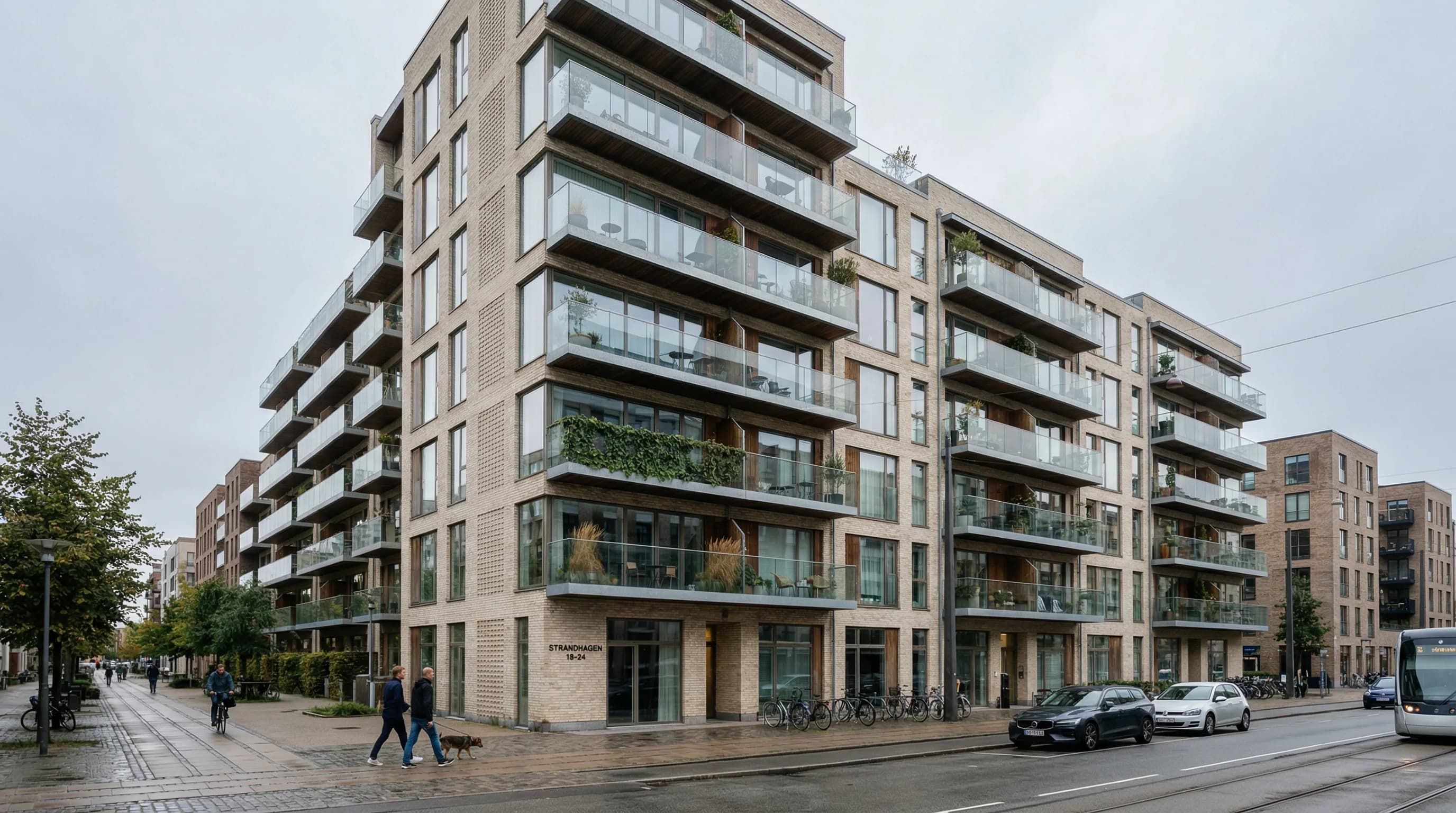 A wide-angle, photorealistic shot of a modern Scandinavian-style apartment building with light brickwork and large glass balconies. The scene is captured during an overcast day with soft, natural ligh