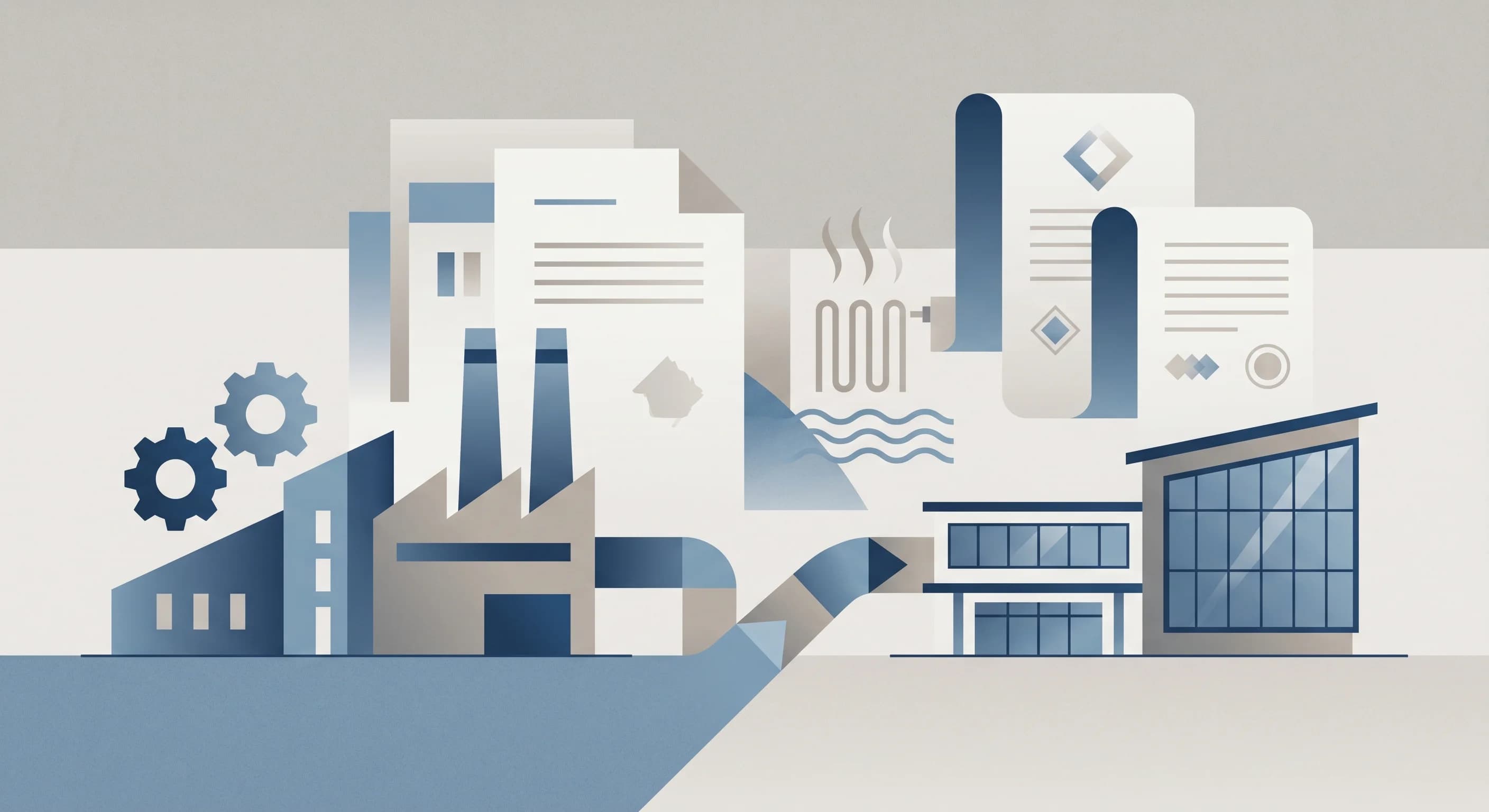 A clean, stylized infographic illustration representing labor market dynamics and public administration. The composition features minimalist geometric representations of an industrial manufacturing fa