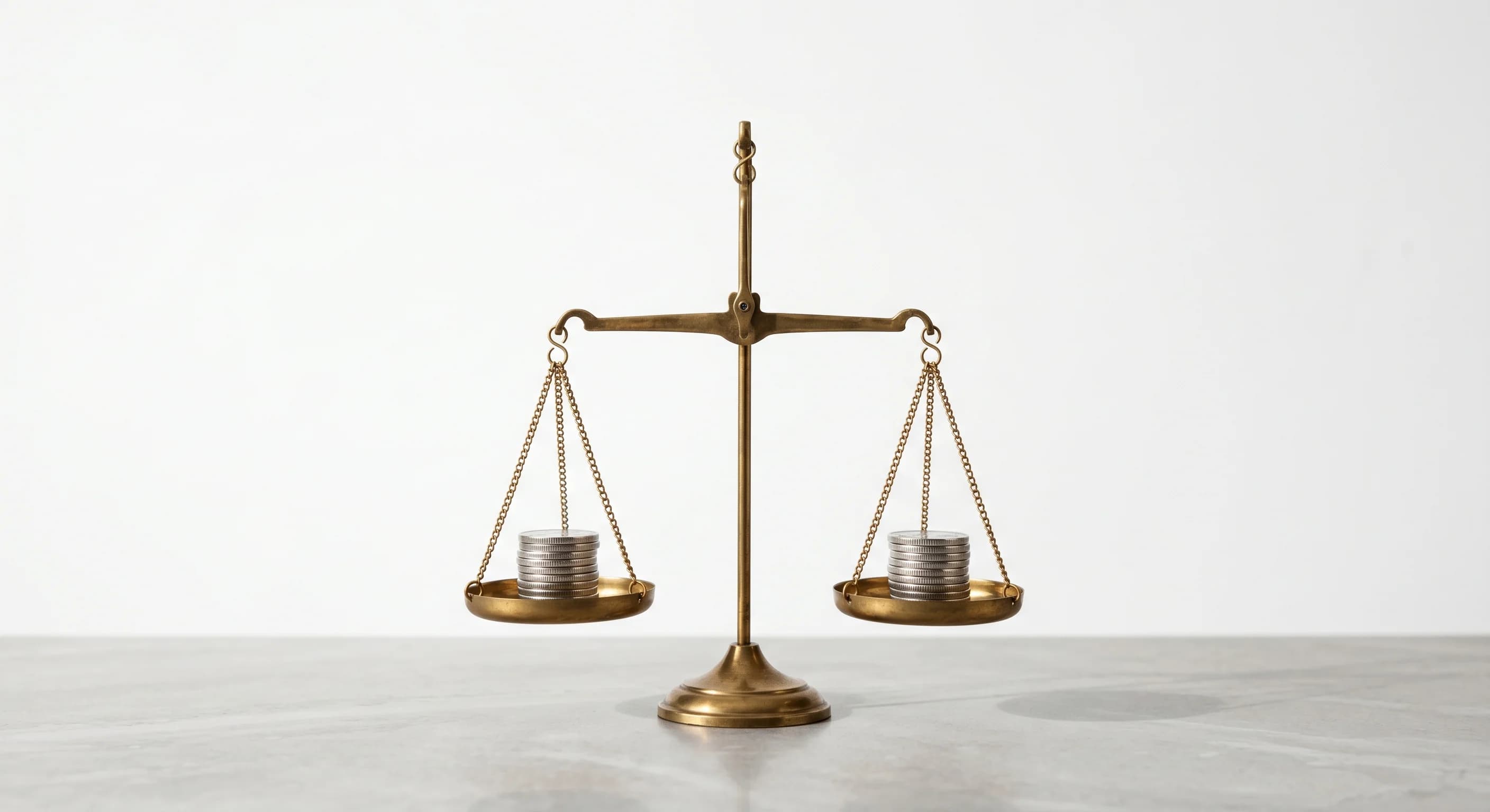 A conceptual, clean composition featuring a classic brass balancing scale resting on a smooth light-grey surface against a vast, stark white background. On one side of the scale rests a small stack of