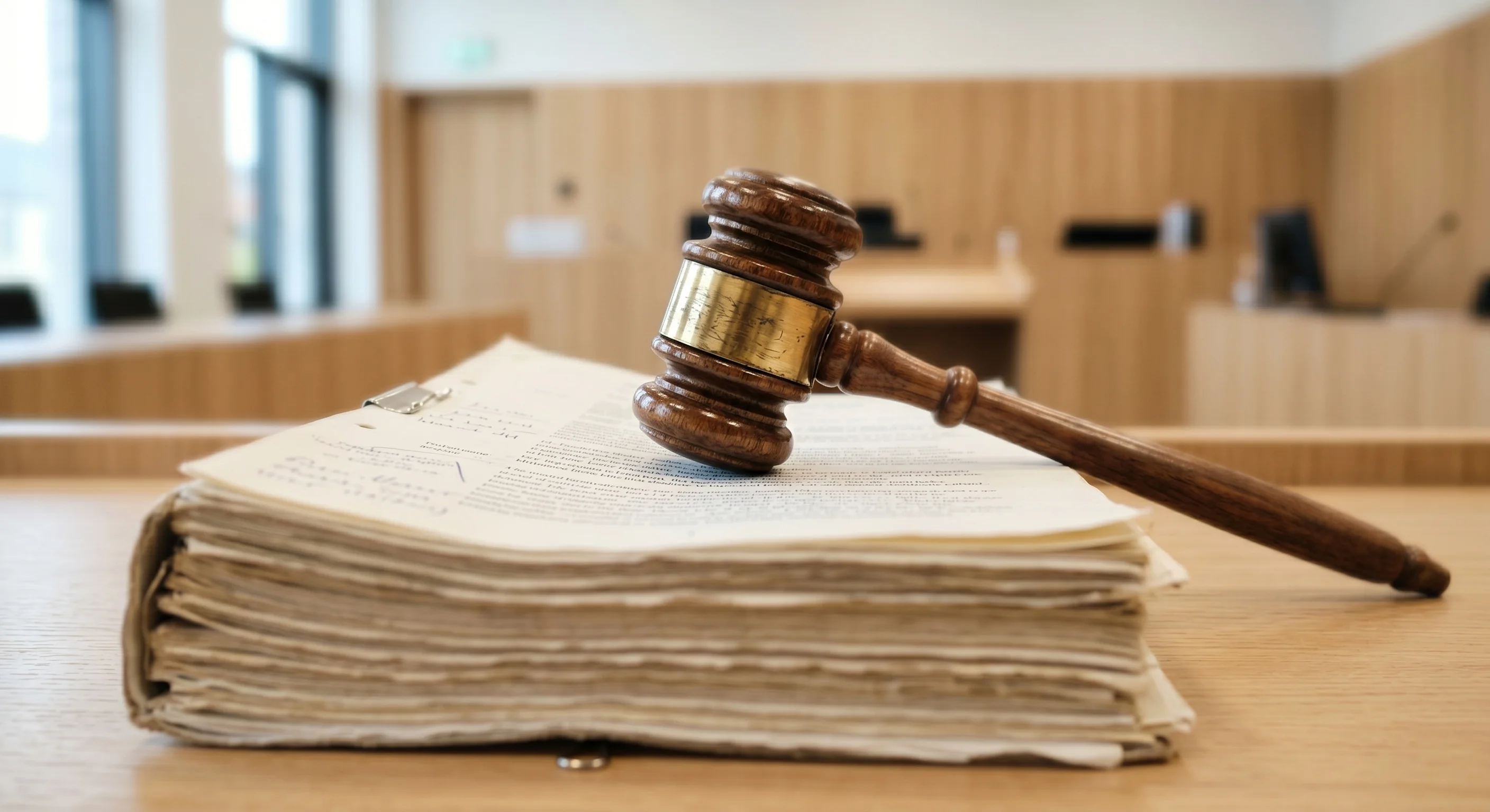 A close-up of a polished wooden gavel resting on a stack of thick legal documents in a bright, modern courtroom. Soft natural light streams through large windows, creating a shallow depth of field tha