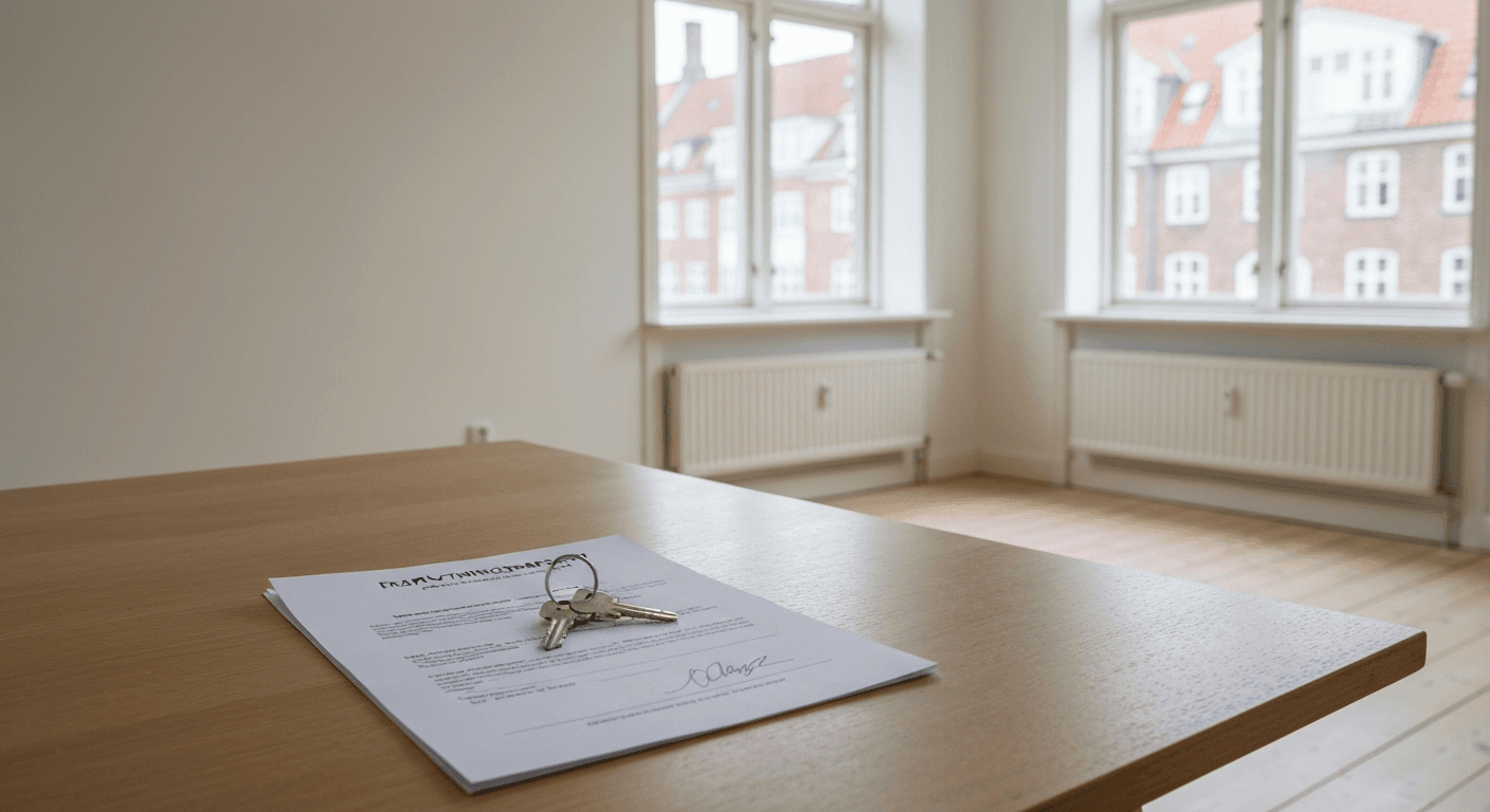 Nøgler og en underskrevet fraflytningsrapport ligger på et bord i en tom lejlighed