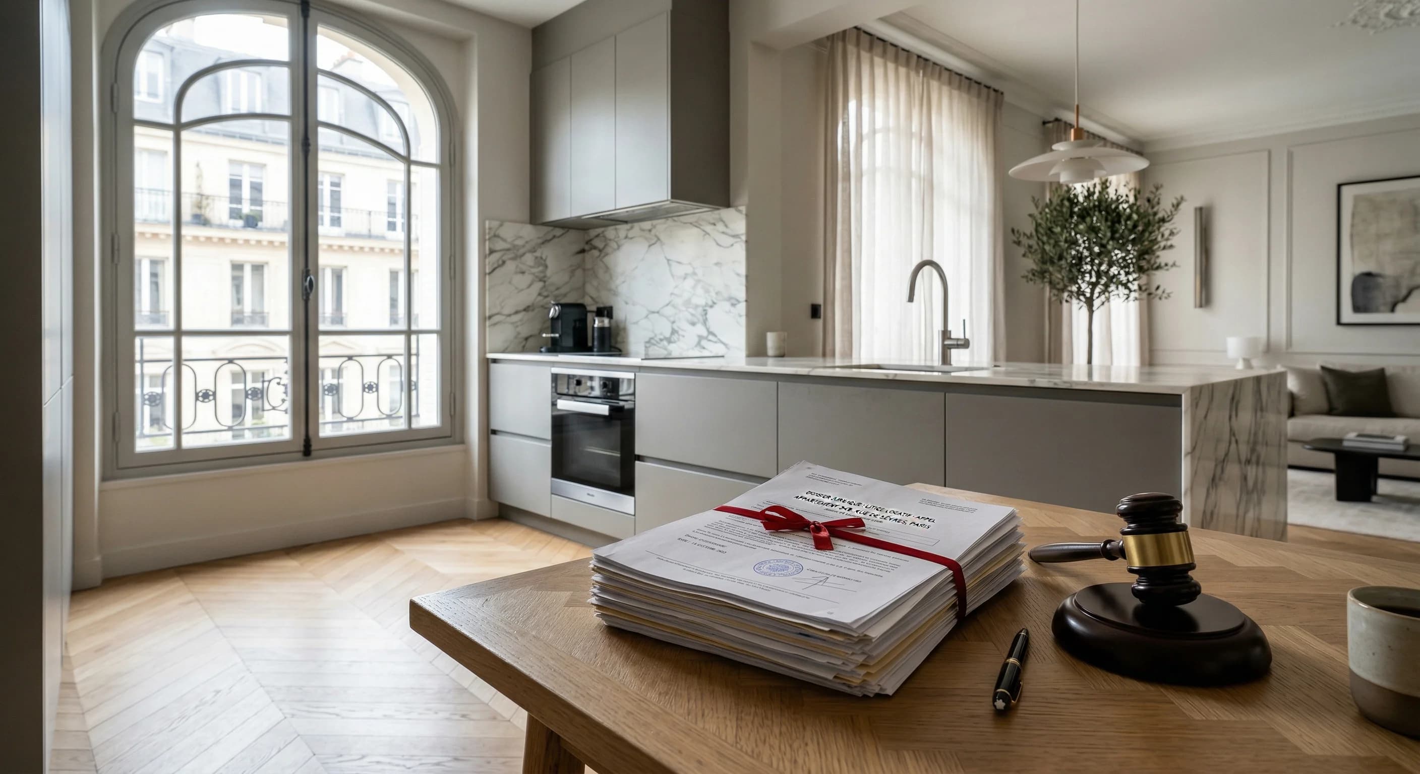 Moderne luksuskøkken med sildebensfliser i renoveret ejerlejlighed.