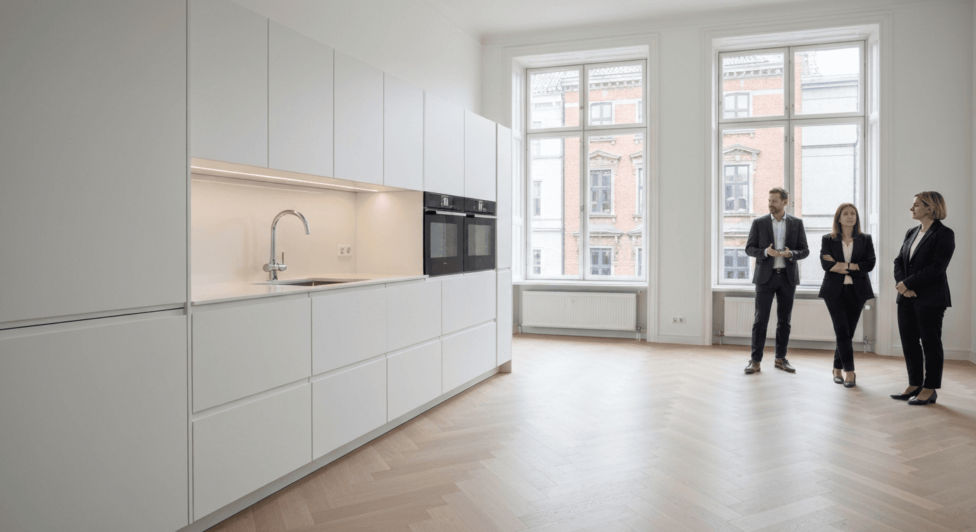 Nyrenoveret lejlighed med moderne køkken der retfærdiggør en huslejestigning.